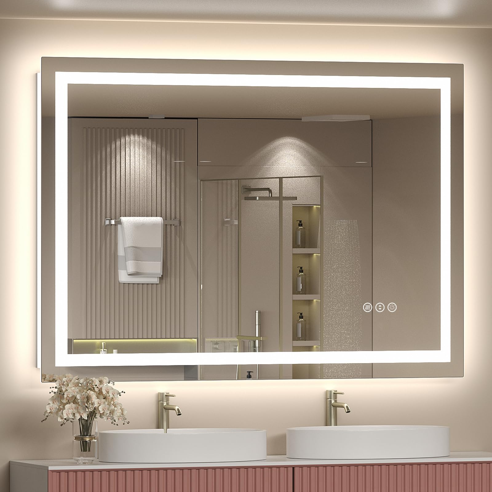 ODDSAN Led Lighted Bathroom Mirror 48x36  Dimmable Vanity Mirror with Lights  Anti-Fog (Backlit and Front Lighted)