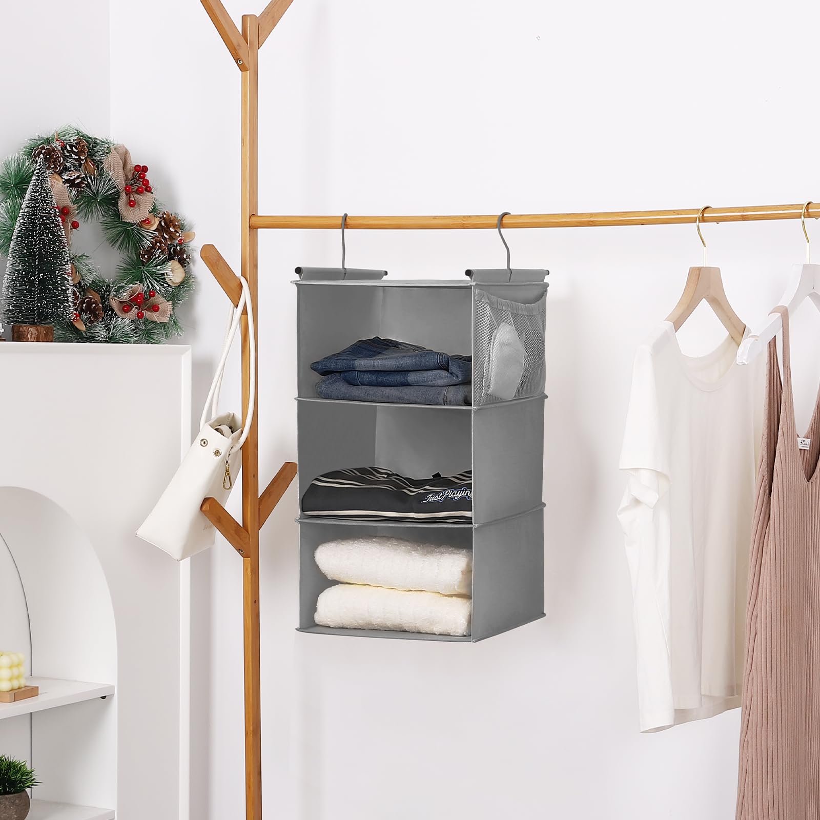 Max Houser 3 Tier Shelf Hanging Closet Organizer, Closet Hanging Shelf With 2 Sturdy Hooks For Storage, 2 Pack, Foldable (Grey)
