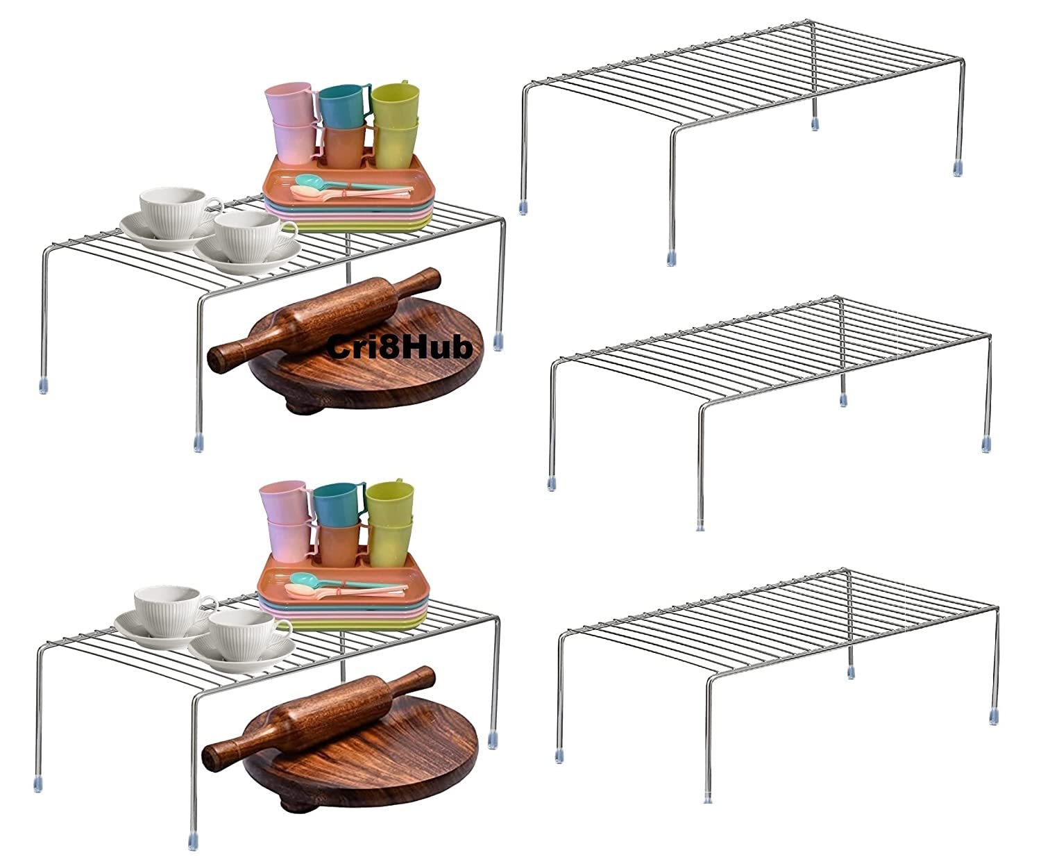 Cri8Hub 5 Pcs Heavy Stainless Steel Kitchen Dish Rack Expandable Storage Shelves For Kitchen Cabinets Multipurpose Organizer Ext