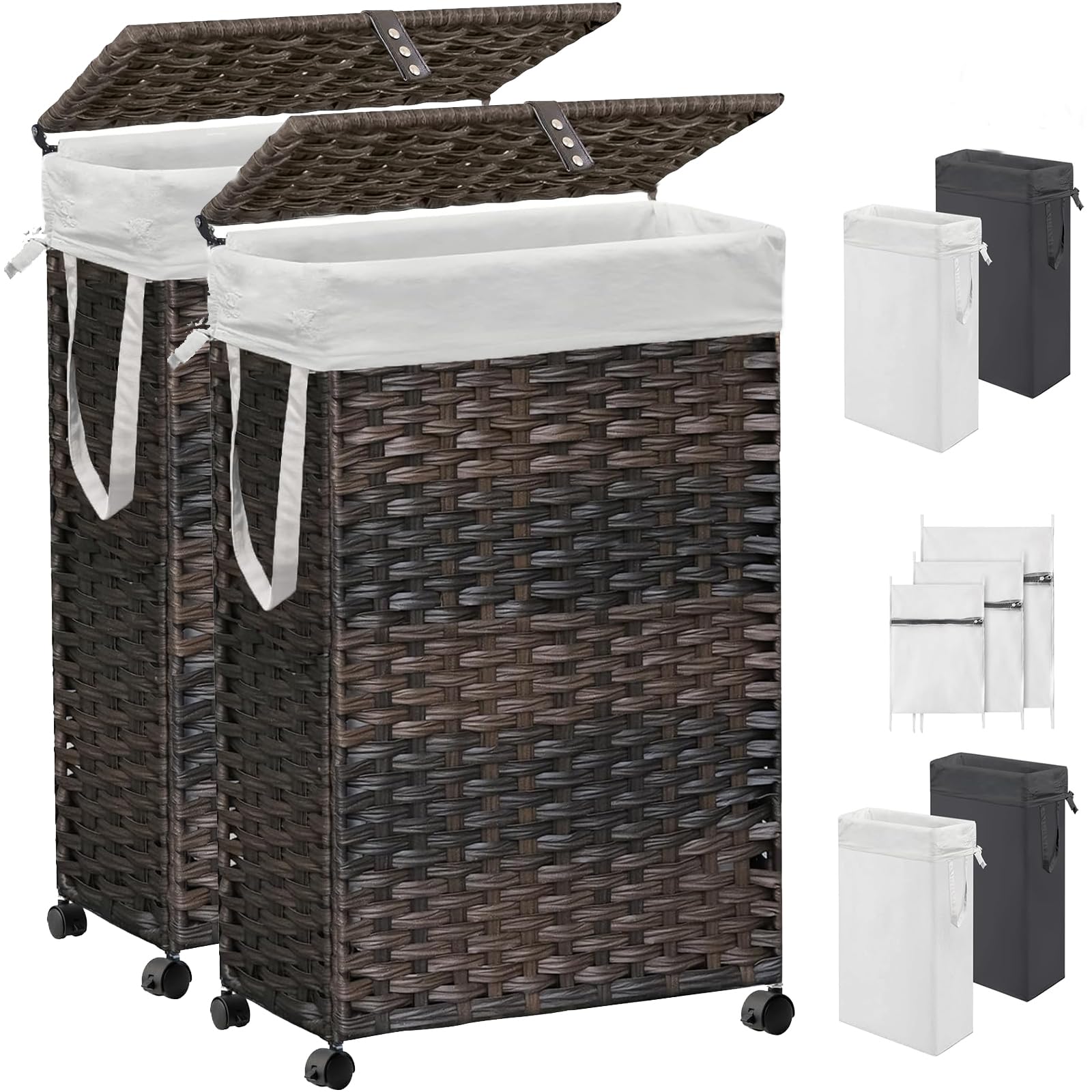 70L Slim Laundry Hamper With Lid & Wheels, 2-Park Rolling Laundry Basket With 4 Removable Liner Bags & 3 Mesh Bags, Narrow Dirty