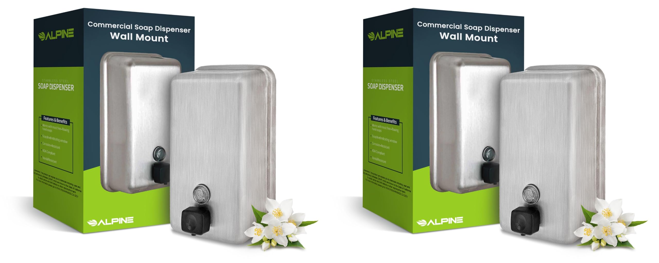 Alpine Commercial Wall-Mounted Soap Dispenser - Stainless Steel, Liquid, Manual Pump, ADA Compliant, 1200ml for High-Traffic Bat
