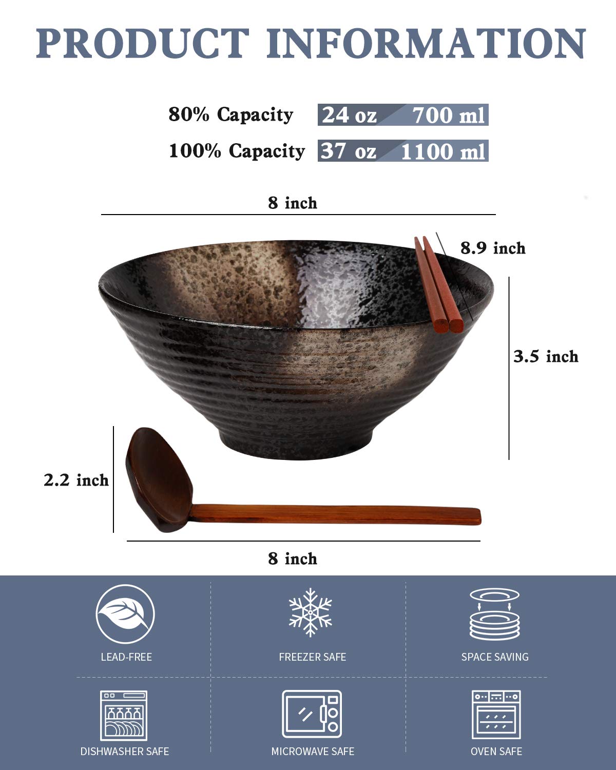 Kanwone Ceramic Japanese Ramen Bowl Set, Noodle Soup Bowls - 37 Ounce, With Matching Spoons And Chopsticks For Udon Soba Pho Asi