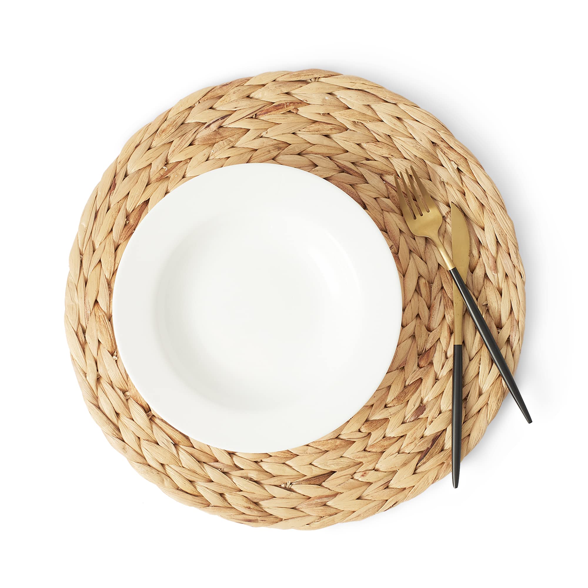 Artera Round Woven Placemats - Set Of 8, Natural Wicker Placemats, Water Hyacinth Straw Braided Placemats, Heat Resistant Non-Sl