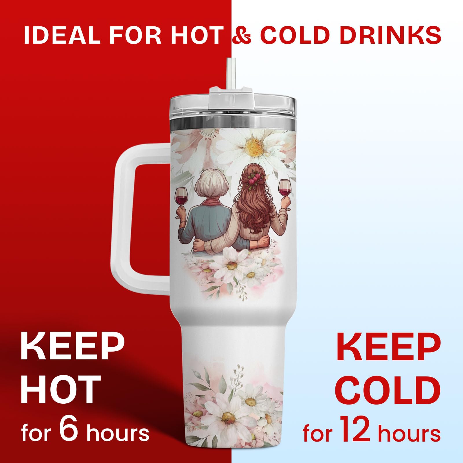 34HD Mother and Daughter Tumbler with Handle & Straw, 40oz Stainless Steel Vacuum Insulated Expecting Mom Mug with Lid, Birthday