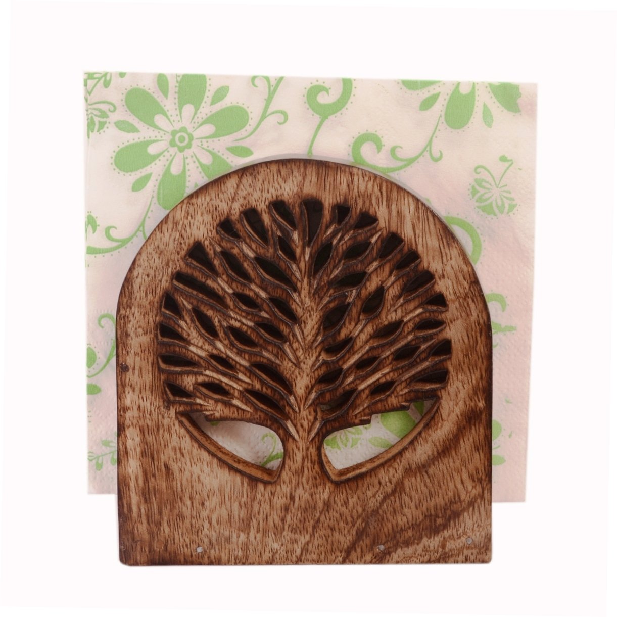 Purpledip Wooden Tissues Holder Napkin Organizer 'Tree Of Life' ; Kitchen Dining Accessory (11068)