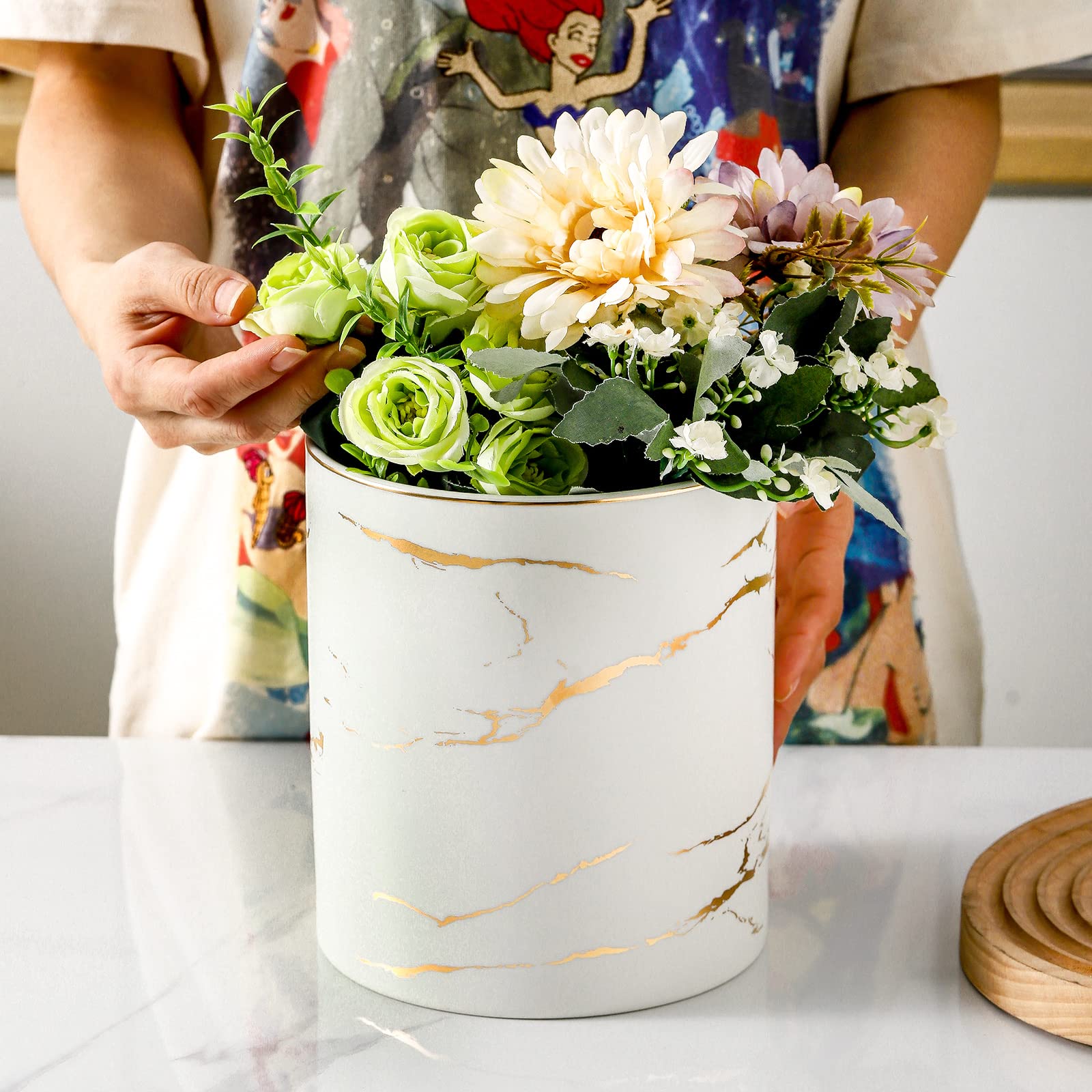Howise 7'' Marble Utensil Holder, Large Kitchen Utensil Holder Organizer For Kitchen Counter, Golden Marble White Stable Utensil