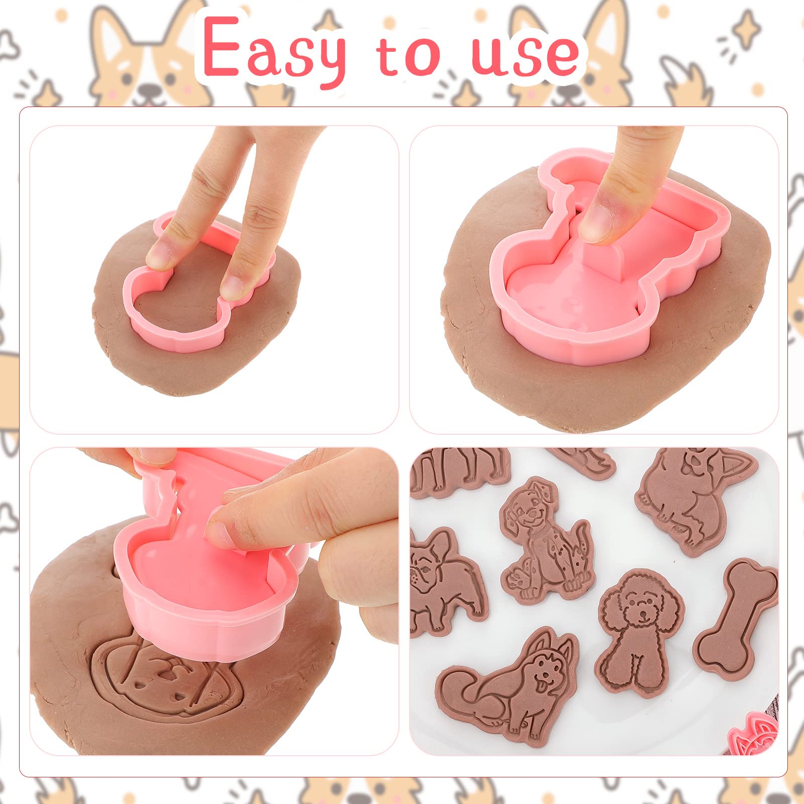 8 Pcs Dog Cookie Cutters With Plunger Stamps Set 3D Puppy Bone Shape Biscuit Cutter Funny Cartoon Cookie Stamps Stamped Embossed