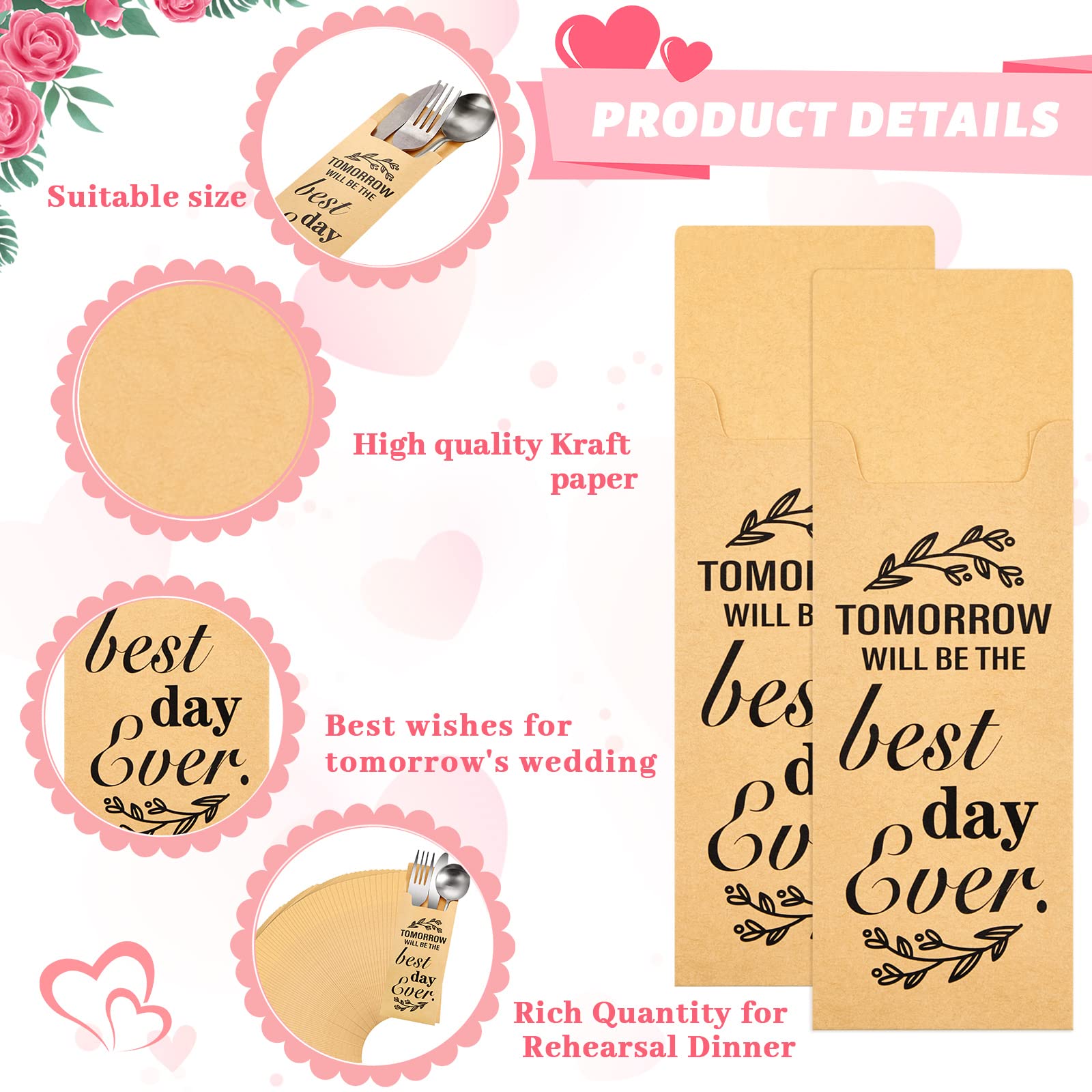 Gueevin 100 Pcs Tomorrow Will Be The Best Day Ever Wedding Paper Silverware Bags Utensil Holder Rustic Cutlery Pouch Bag For Wed