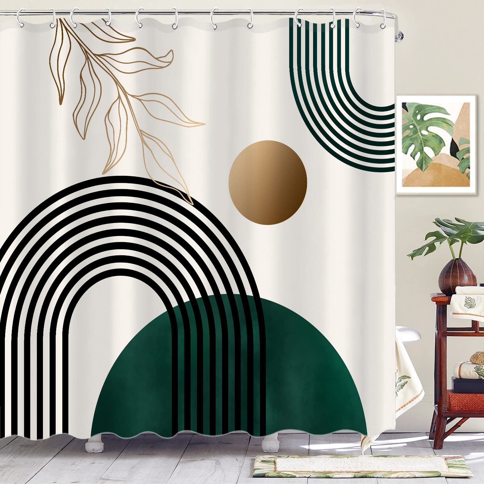 Aipon Green Mid Century Shower Curtain For Bathroom Abstract Boho Shower Curtain Modern Fabric Waterproof Shower Curtains For Ba