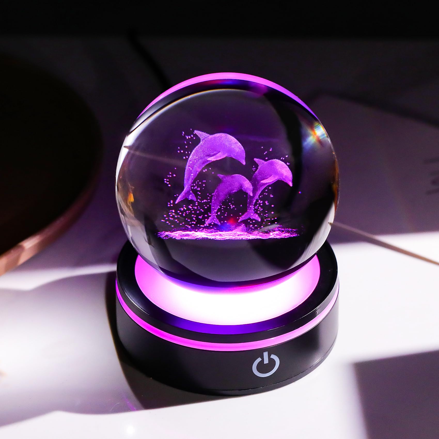 YWHL 3D Dolphin Figurine Crystal Ball with Colorful Light Base, Laser Dolphin Gifts for Women Men on Christmas Birthday, Glass D