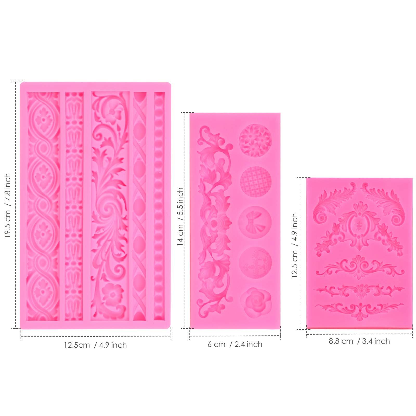 Joersh 3Pcs Baroque Silicone Molds Scroll Silicone Baroque Mold Clay Molds Border Fondant Molds Candy Chocolate Molds For Weddin