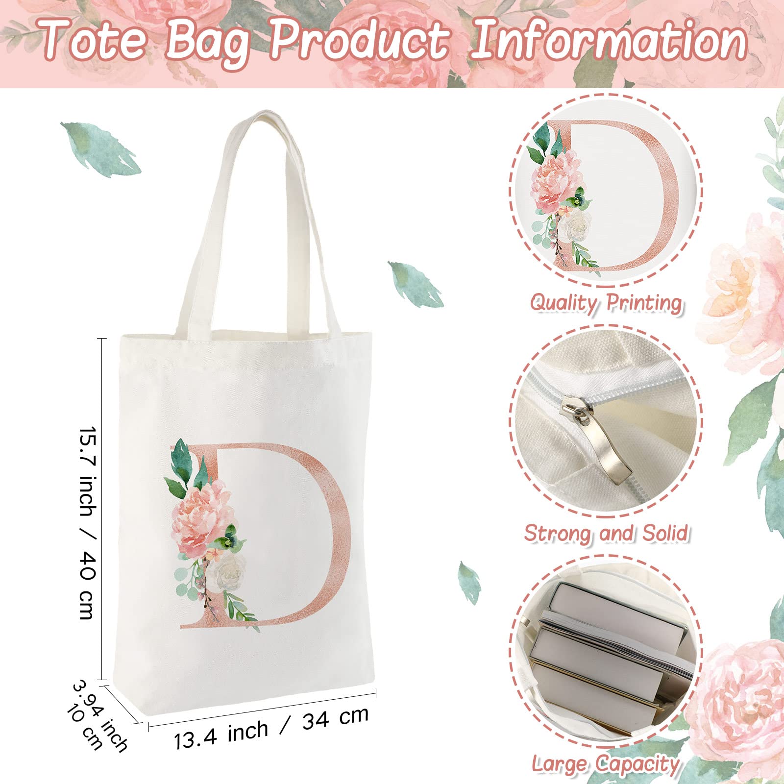 2 Pcs Initial Canvas Tote Bags Floral Letter Travel Cosmetic Bags Personalized Beach Bags Monogrammed Bags Portable Makeup Zippe