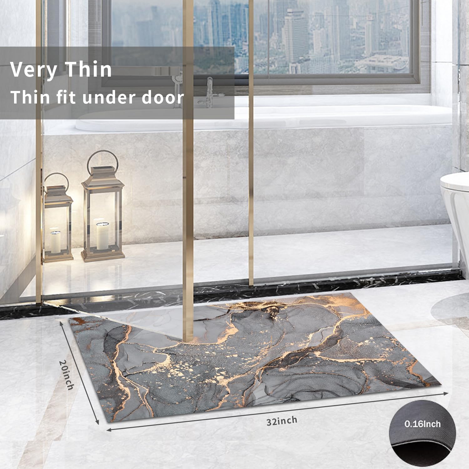 Grey Gold Marble Bathroom Mats Rugs Sets 3 Piece, Abstract Bath Mat Quick Dry Thin Rubber Back Diatomaceous Earth Rugs With U-Sh