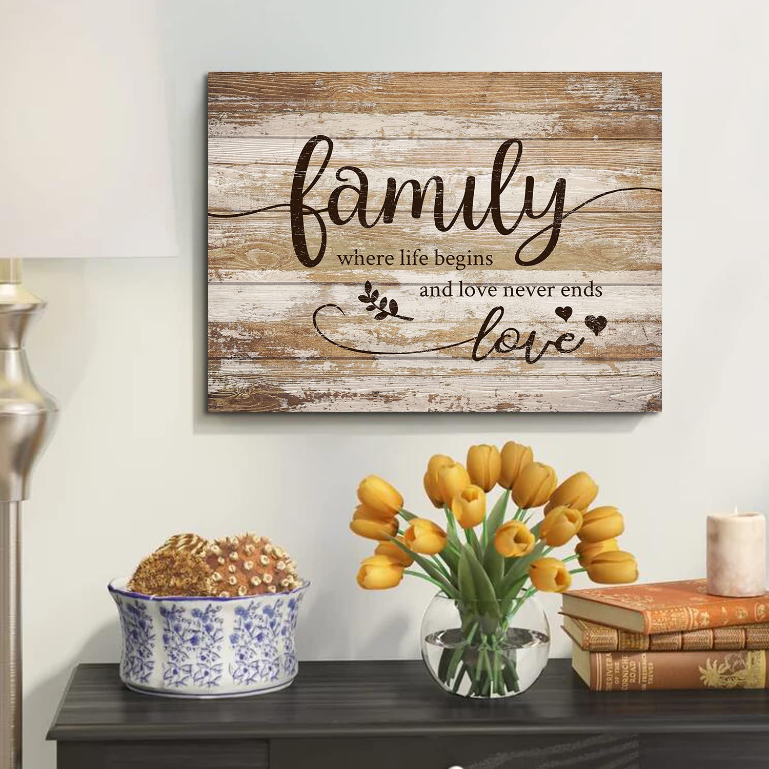 Rustic Family Wall Art Farmhouse Brown Bless Wall Pictures For Living Room Kitchen Wall Decor Vintage Inspirational Words Canvas