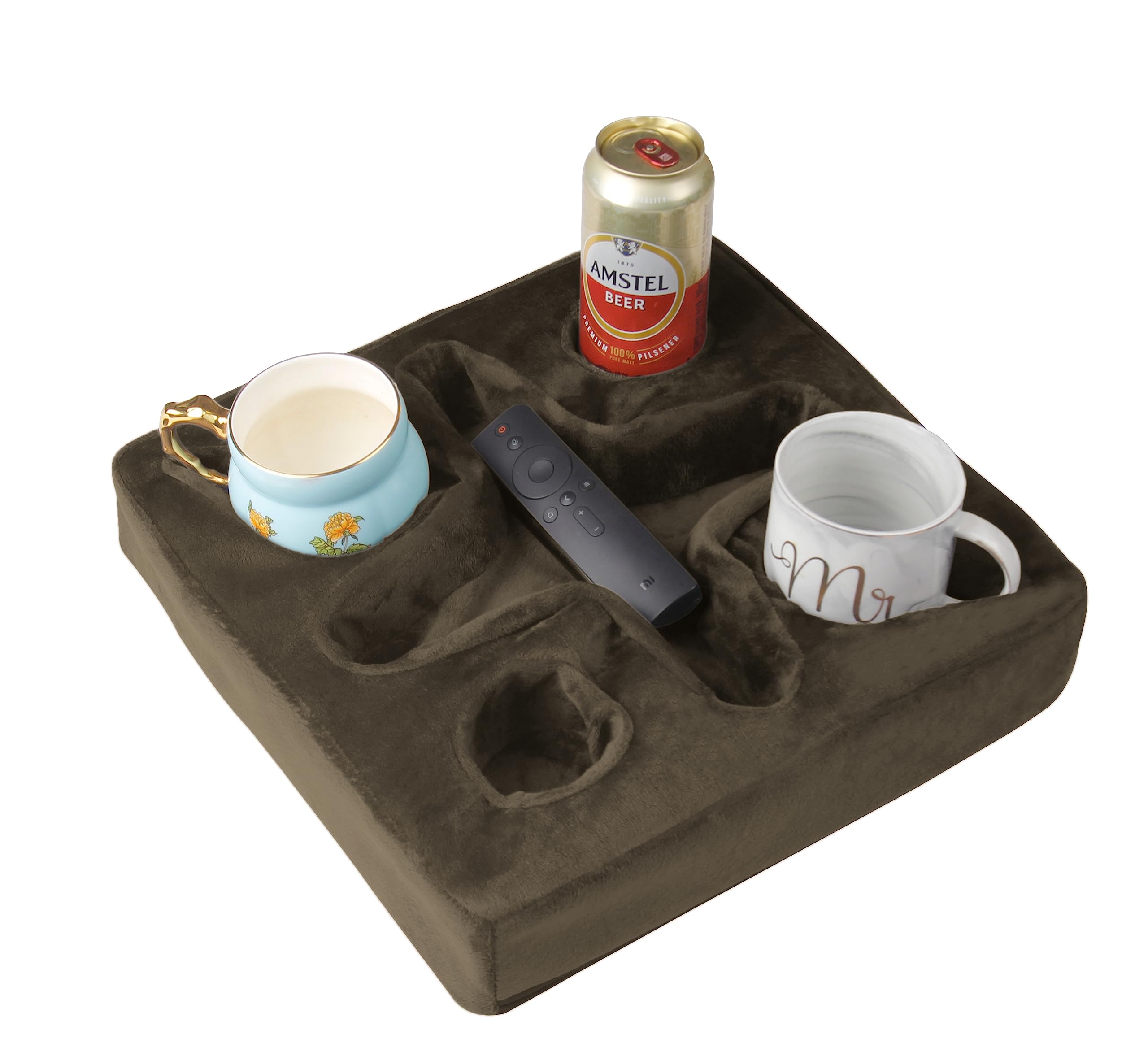 Xchouxer Couch And Bed Cup Holder Pillow, Sofa Refreshment Tray For Drinks/Remote Control/Snacks Holder (Brown)