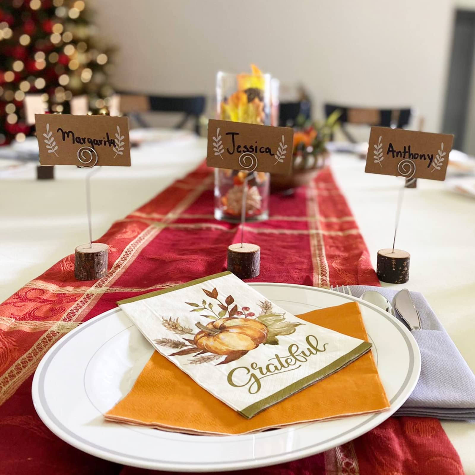 30 Pcs Rustic Wood Place Card Holders With Swirl Wire Wooden Bark Memo Holder Stand Card Photo Picture Note Clip Holders 5.8'' A