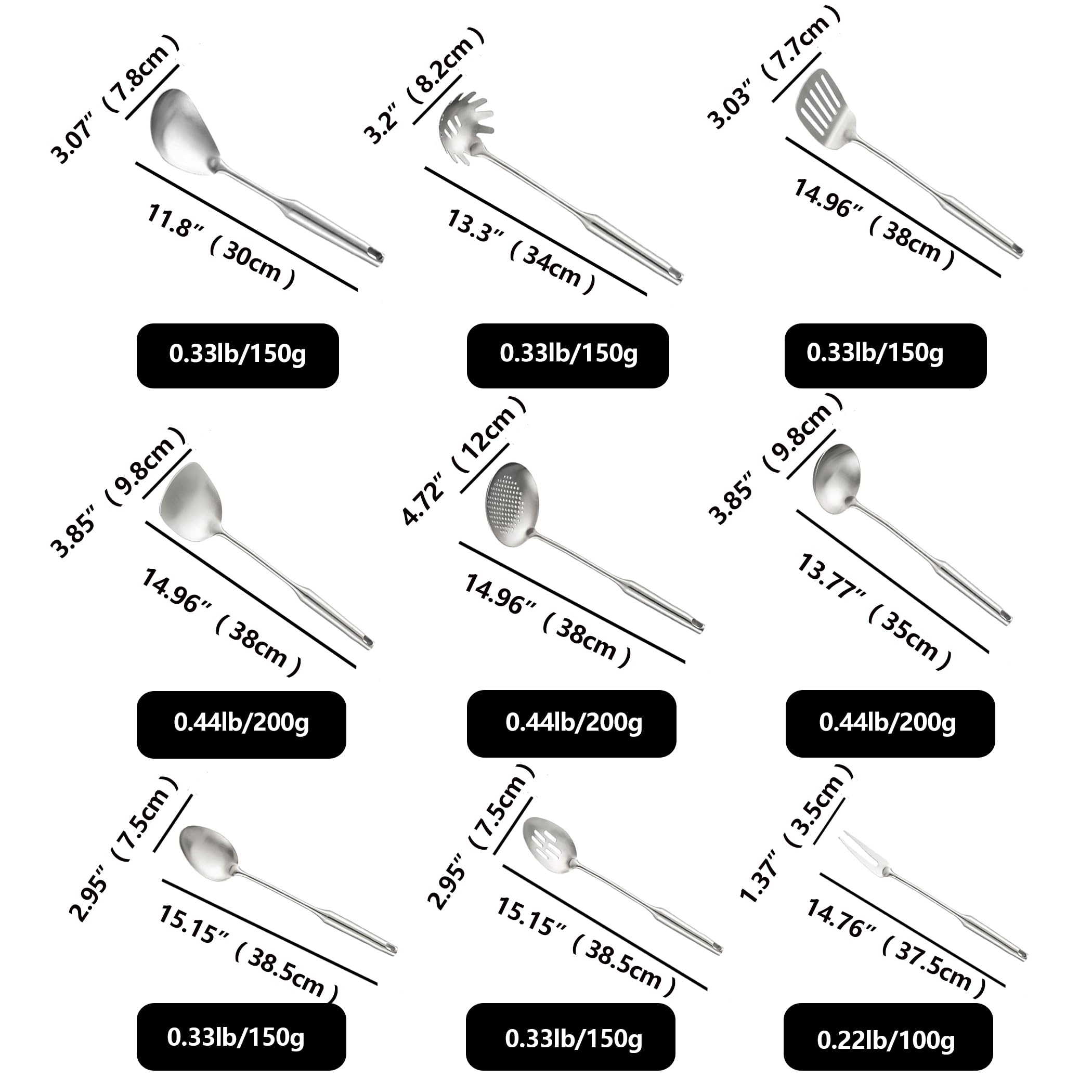Niitawh 304 Stainless Steel Kitchen Utensils, 9 Pcs Metal Cooking Utensils Set, Solid Spoon, Slotted Spoon, Fork, Spatula, Ladle