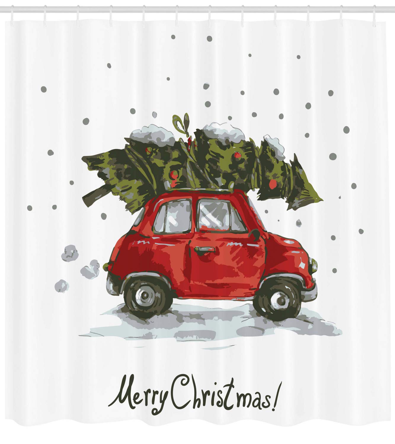Ambesonne Christmas Shower Curtain, Retro Style Car Xmas Tree Vintage Family Style Illustration Snowy Winter Art Holiday, Cloth