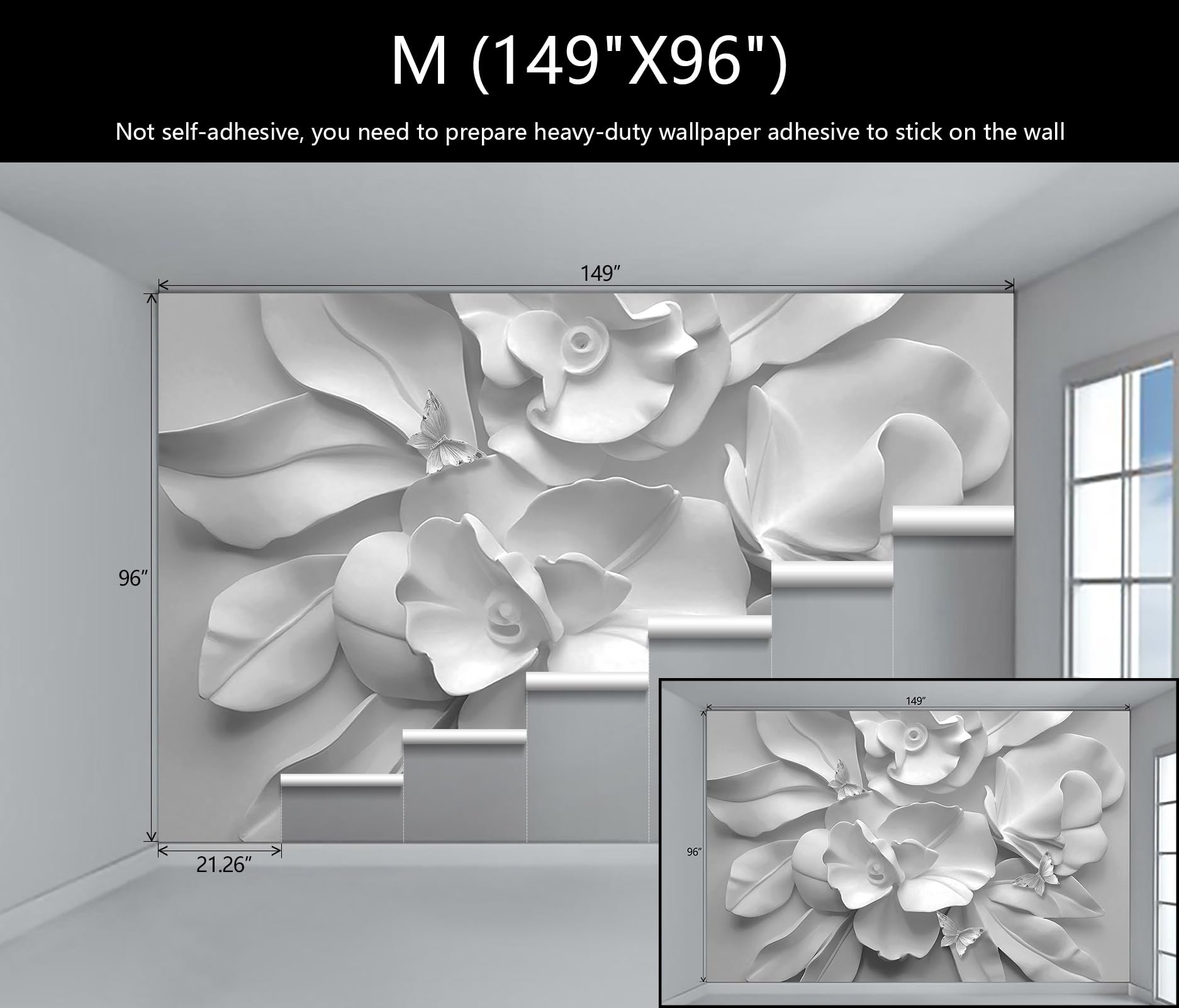 Wfbhua-3D Gray Floral Wallpaper Mural Black And White Embossed Peony Flowers Butterfly Wallpaper For Living Room Bedroom(Not Pee