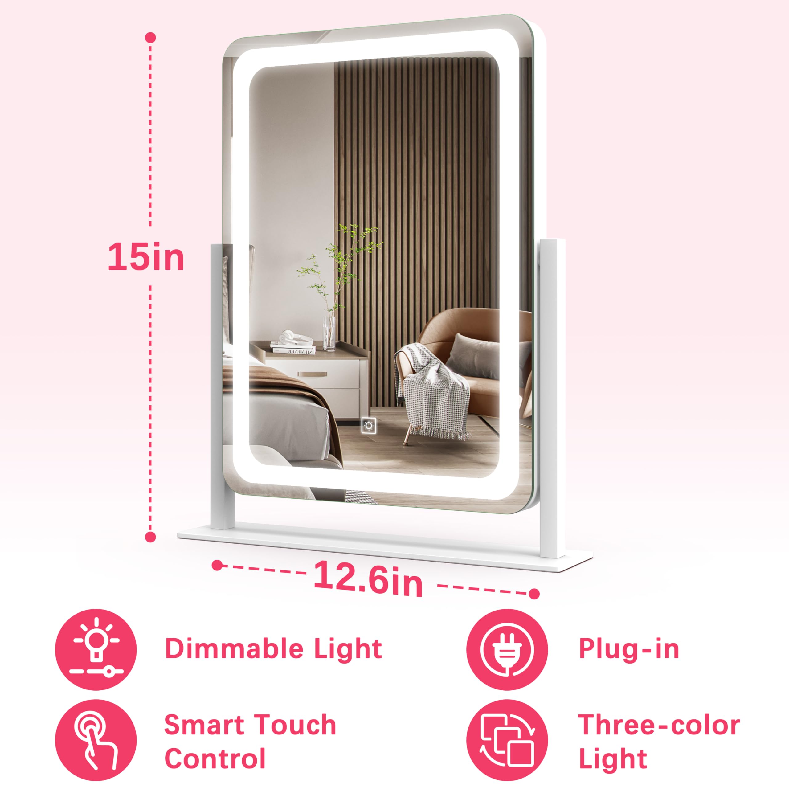 Rolove Vanity Mirror With Lights, 12.6''  15'' Led Makeup Mirror, Lighted Makeup Mirror With Lights, Smart Touch Control Dimmabl