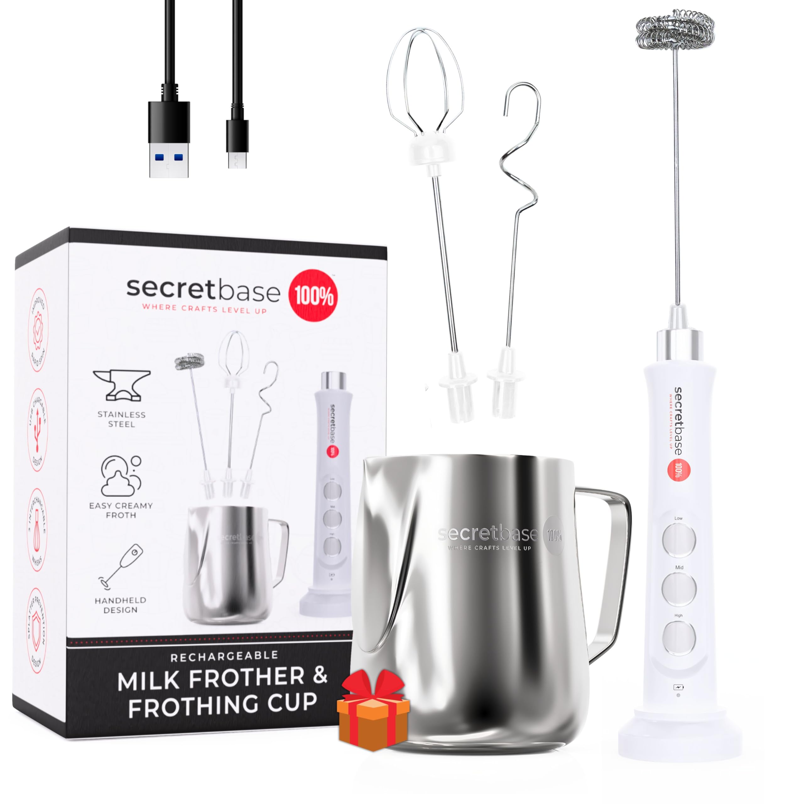 Secretbase 3 Speed Rechargeable Milk Frother, Pitcher, Charging Base - Handheld Frother For Latte, Drinks, Matcha - Includes Cup