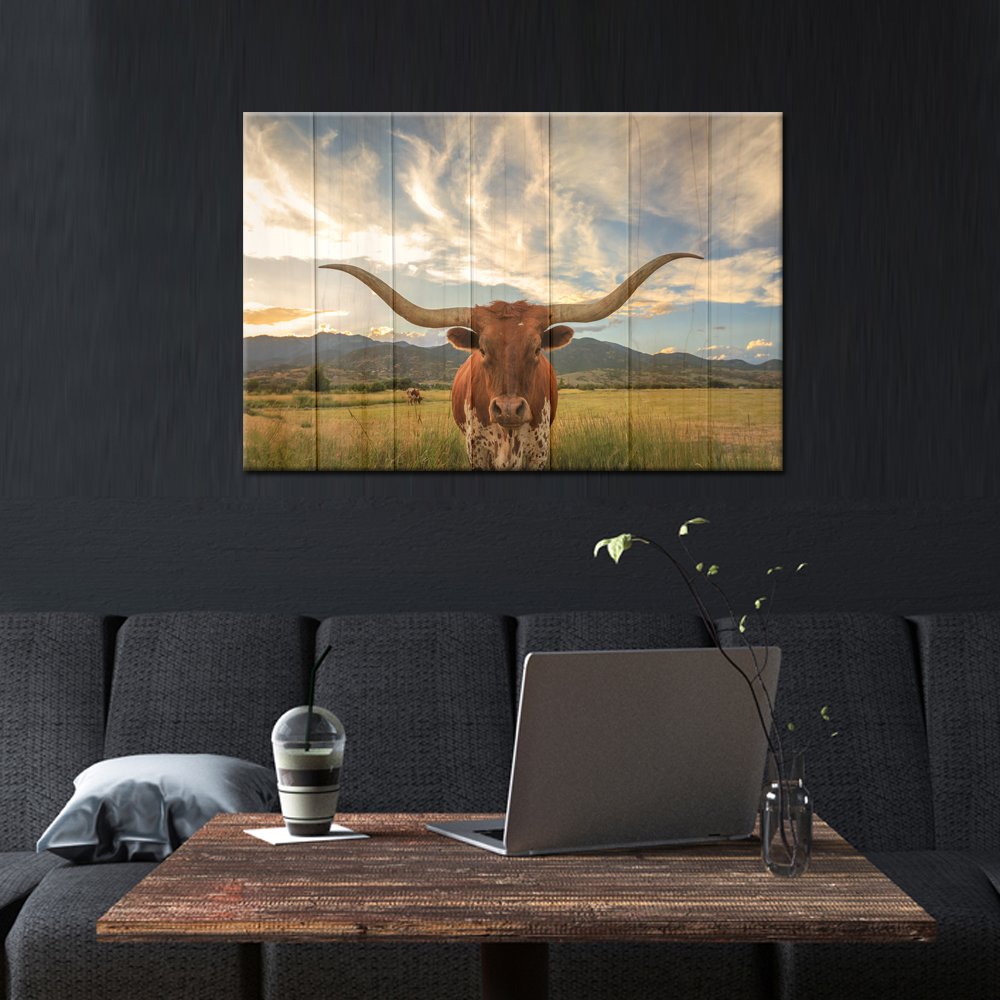 KREATIVE ARTS - Large Modern Canvas Wall Art for Home and Office Decoration Animal Pictures Print Art on Canvas Texas Longhorn Canvas Prints Giclee Artwork for Wall (Wood Style 24x36inch)
