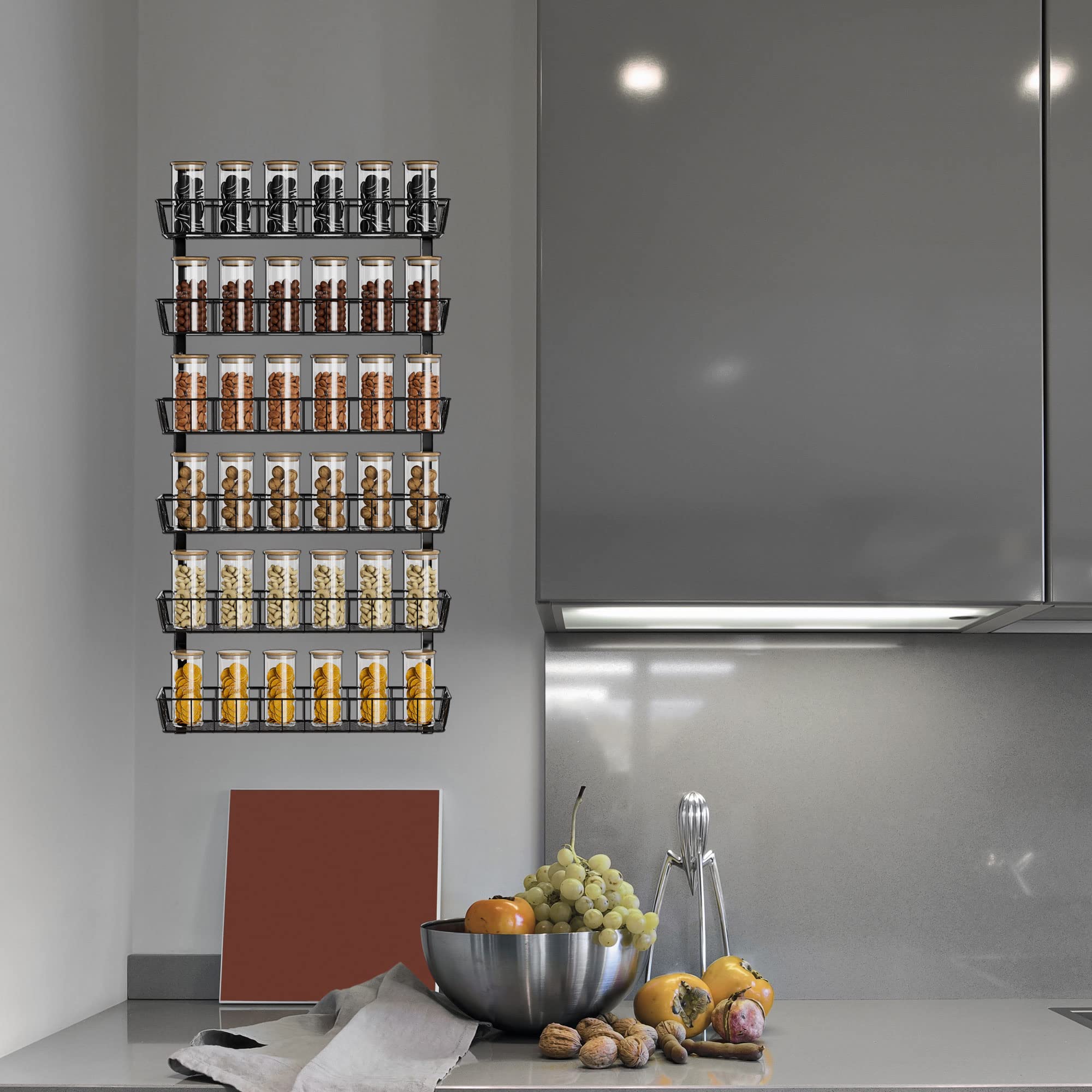 SWOMMOLY 12-Tier Adjustable Wall Mount Spice Rack Organizer, Black Alloy Steel, Model Rack101D, Multi-use Storage for Kitchen Pantry