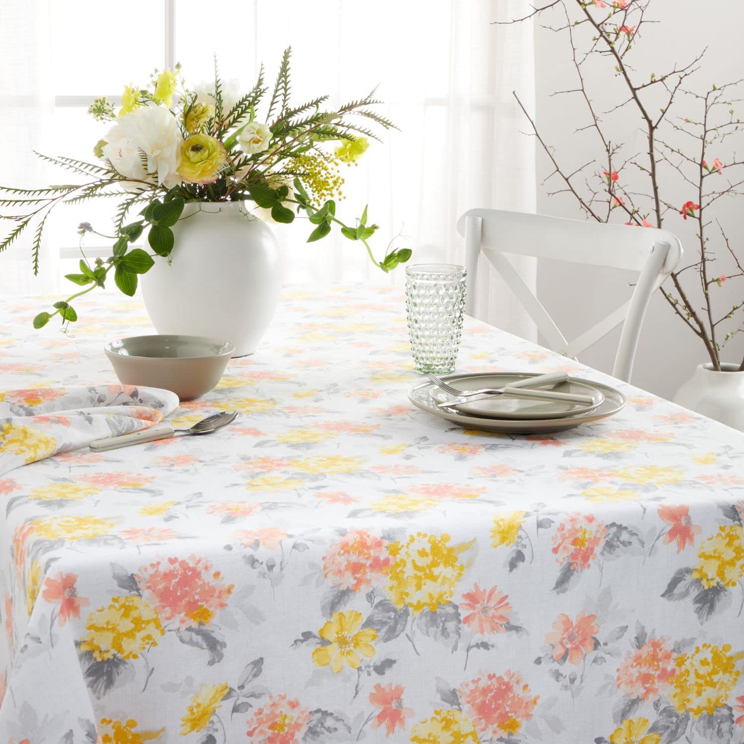 Martha Stewart Amber Floral Polyester Cotton Rectangle Tablecloth Single Pack, Yellow/Coral, 60''X84''