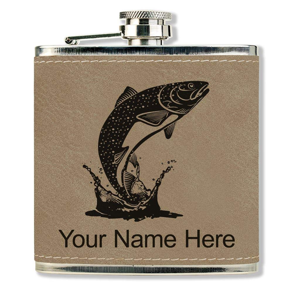 Faux Leather Flask, Trout Fish, Personalized Engraving Included (Light Brown)