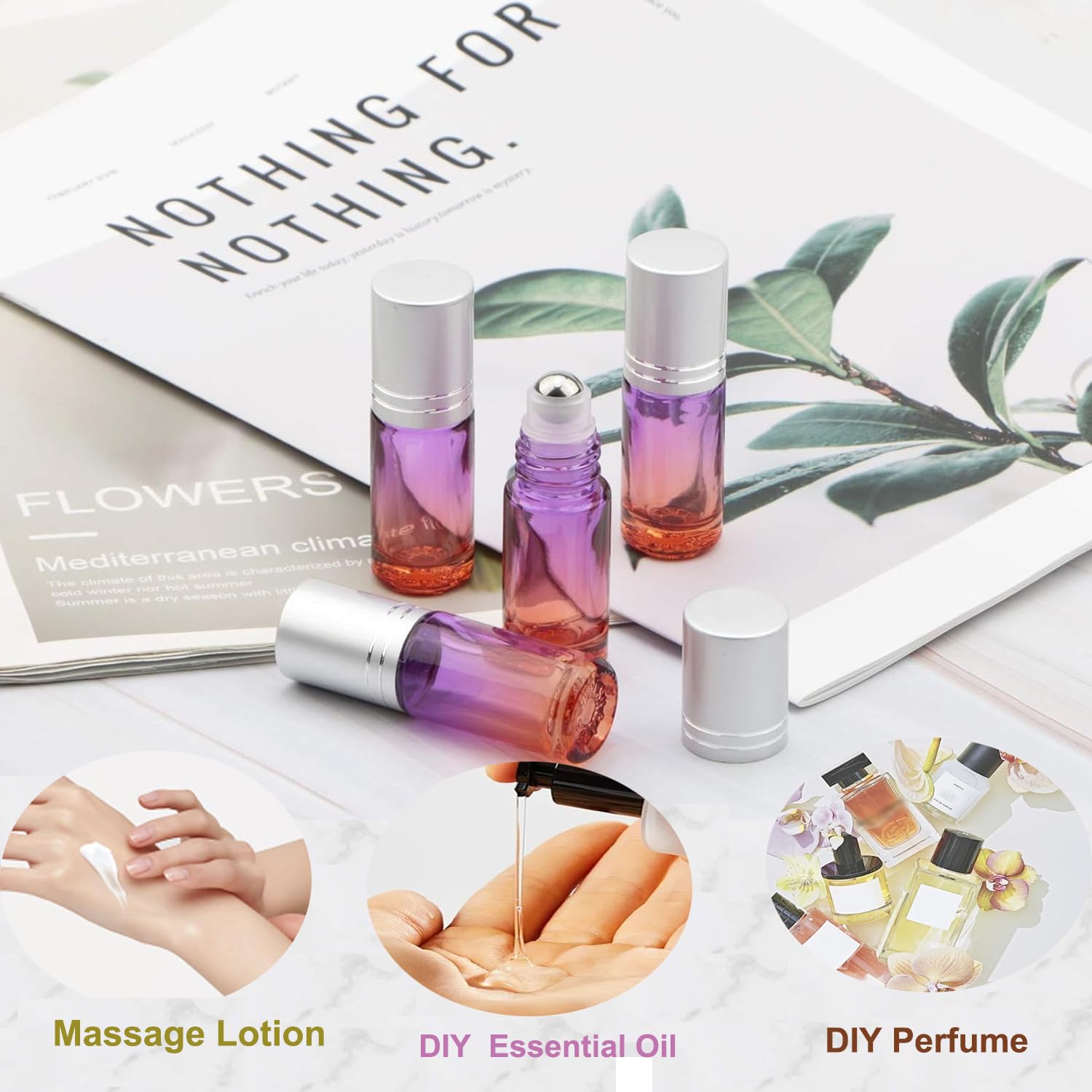 Jiuwu 10 Pack 5Ml Essential Oil Roller Bottles Purple-Orange Gradient Roller Bottles With Stainless Steel Roller Balls And Silve