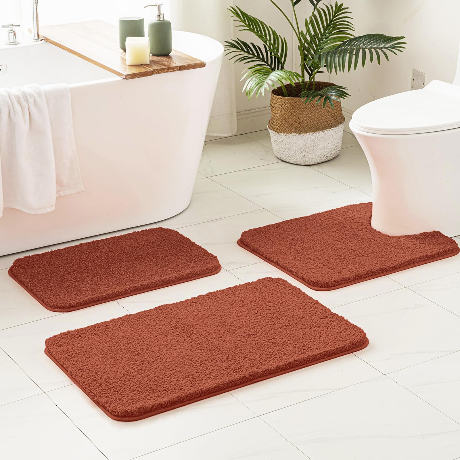 Miulee Fall Rust Bathroom Rugs Sets 3 Piece Including U Shaped Toilet Rug - Soft Absorbent Bath Mats Set With Non Slip Rubber Ba