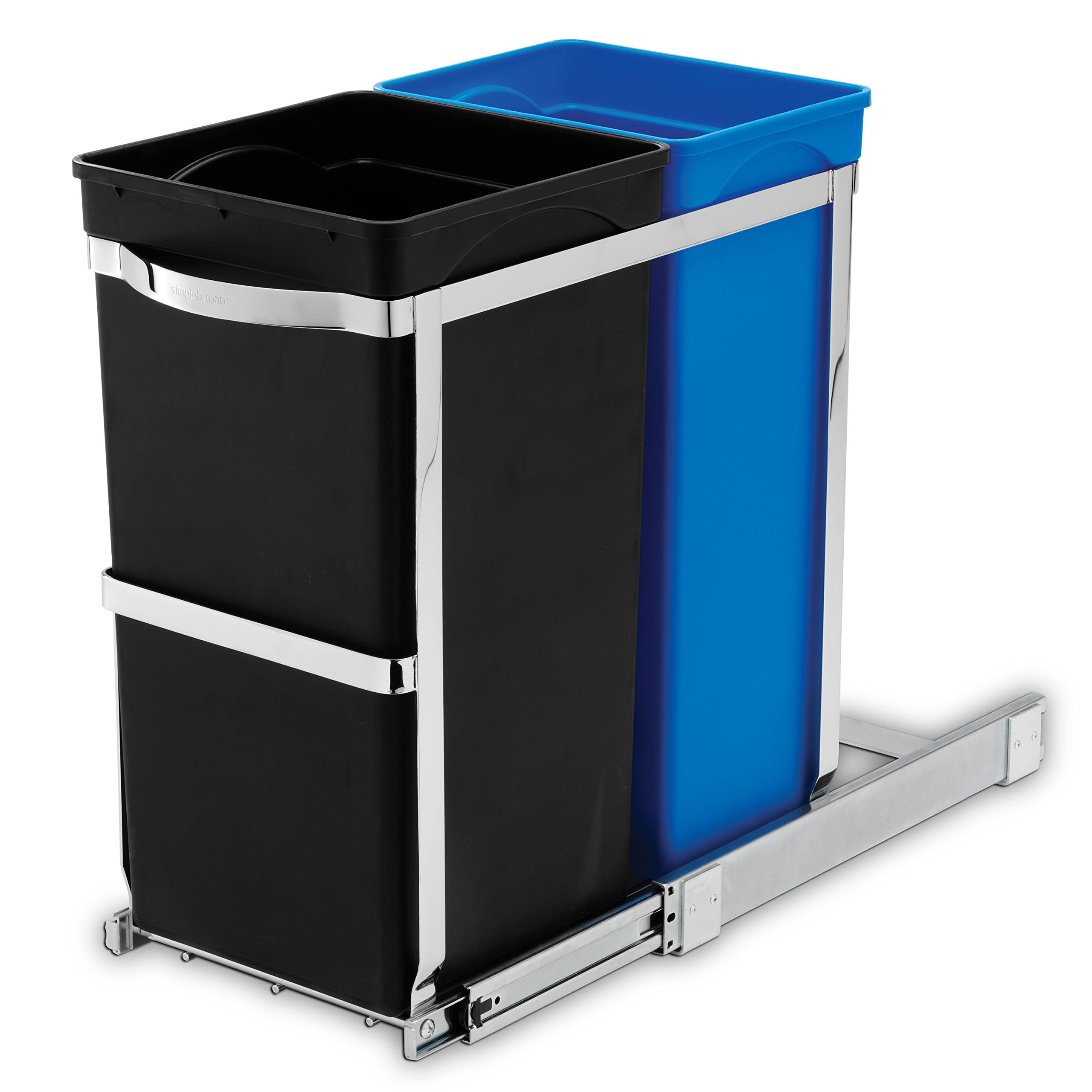 simplehuman Dual Compartment Pull-Out Recycling Bin & Trash Can, 35L, Chrome, Stainless Steel, Model CW1016