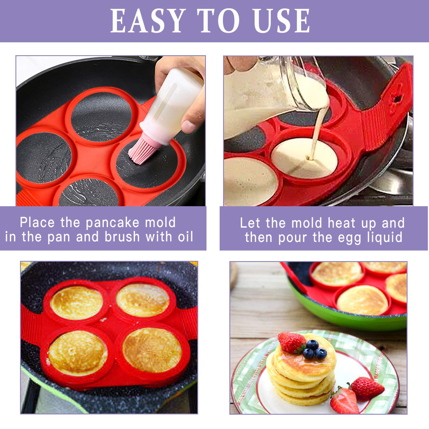 Pancake Making Mold Akamino Fried Egg Mold Reusable Silicone Pancake Maker With 4 Cavity (Heart Round Star) - 4 Pieces