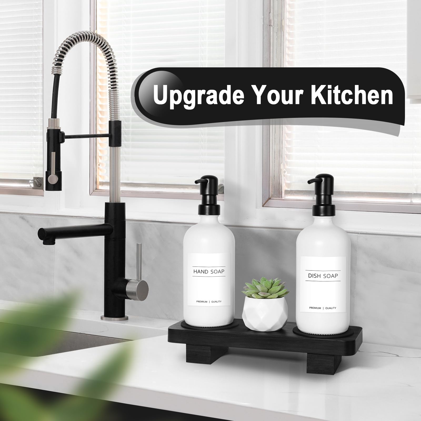 Kasunting Hand Soap Dispenser For Kitchen, White Soap Dispenser With Stainless Steel Pump, Bathroom Soap Dispenser Set With Wood