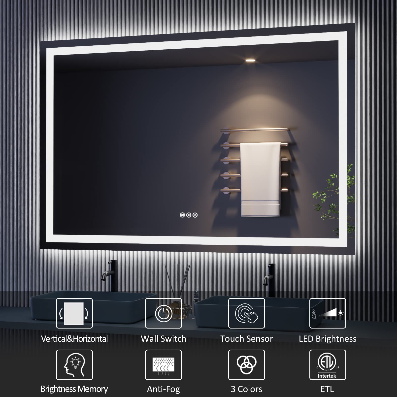 Amorho LED Bathroom Mirror 60''x 36'' with Front and Backlight  Large Dimmable Wall Mirrors with Anti-Fog  Shatter-Proof  Memory  3 Colors  Double LED Vanity Mirror