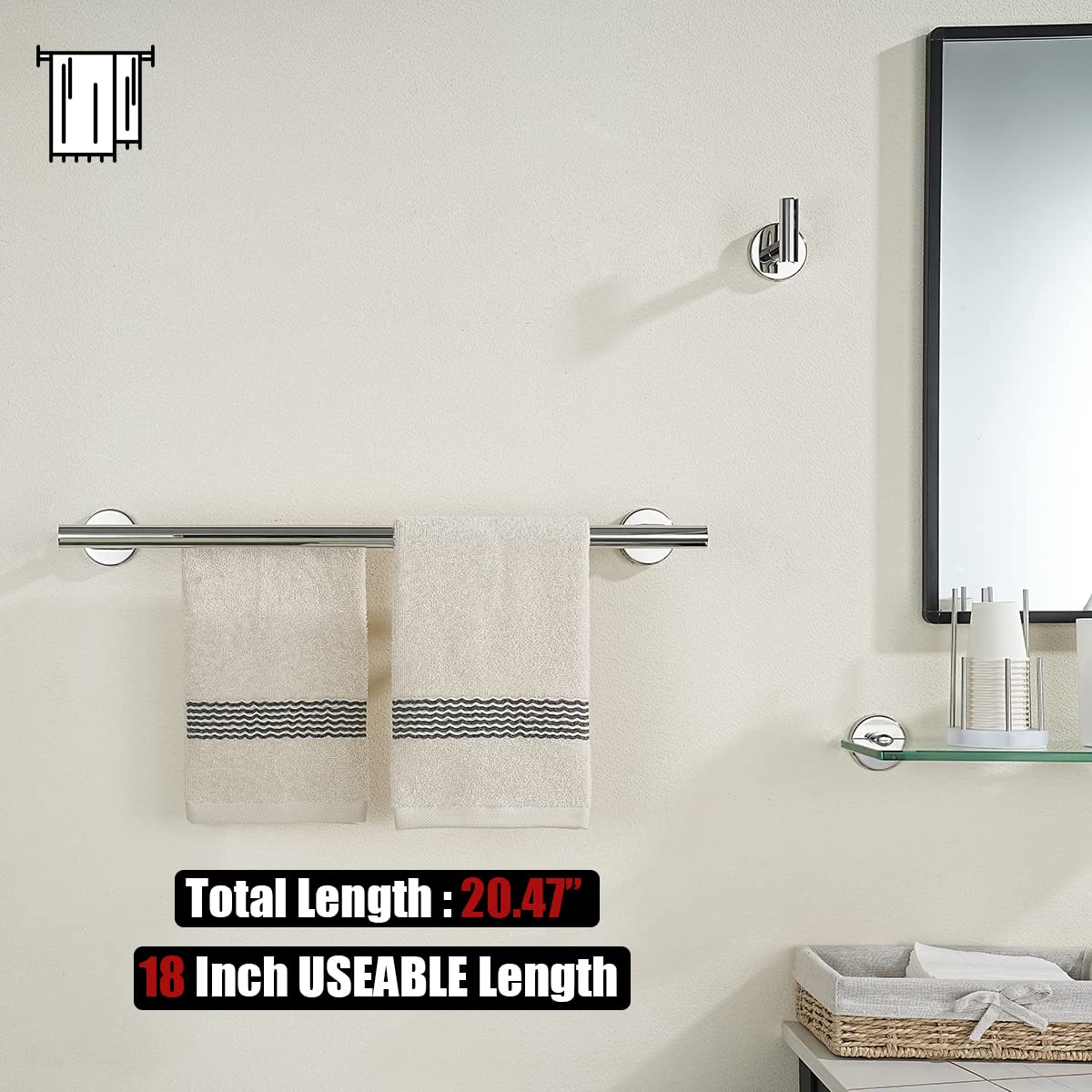 JQK Double Towel Bar Chrome  18 Inch 304 Stainless Steel Thicken 0.8mm Towel Rack Bathroom  Towel Holder Polished Steel Wall Mount  Total Length 20 Inch  TB100L18-CH