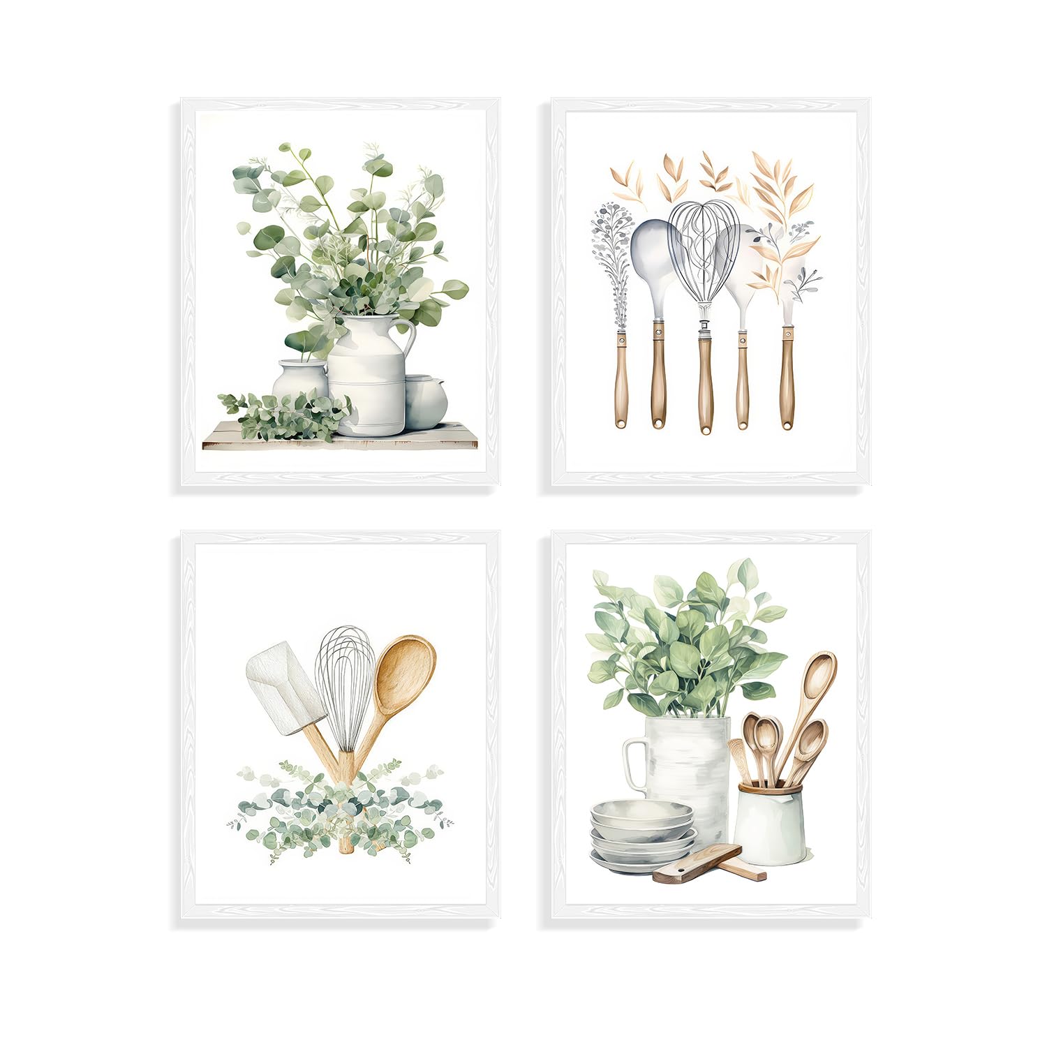 Dazzlewall 4 Pcs Botanical Kitchen Wall Art Poster Sage Green Eucalyptus Leaves Prints, Boho Plant Wall Poster For Kitchen Dinin