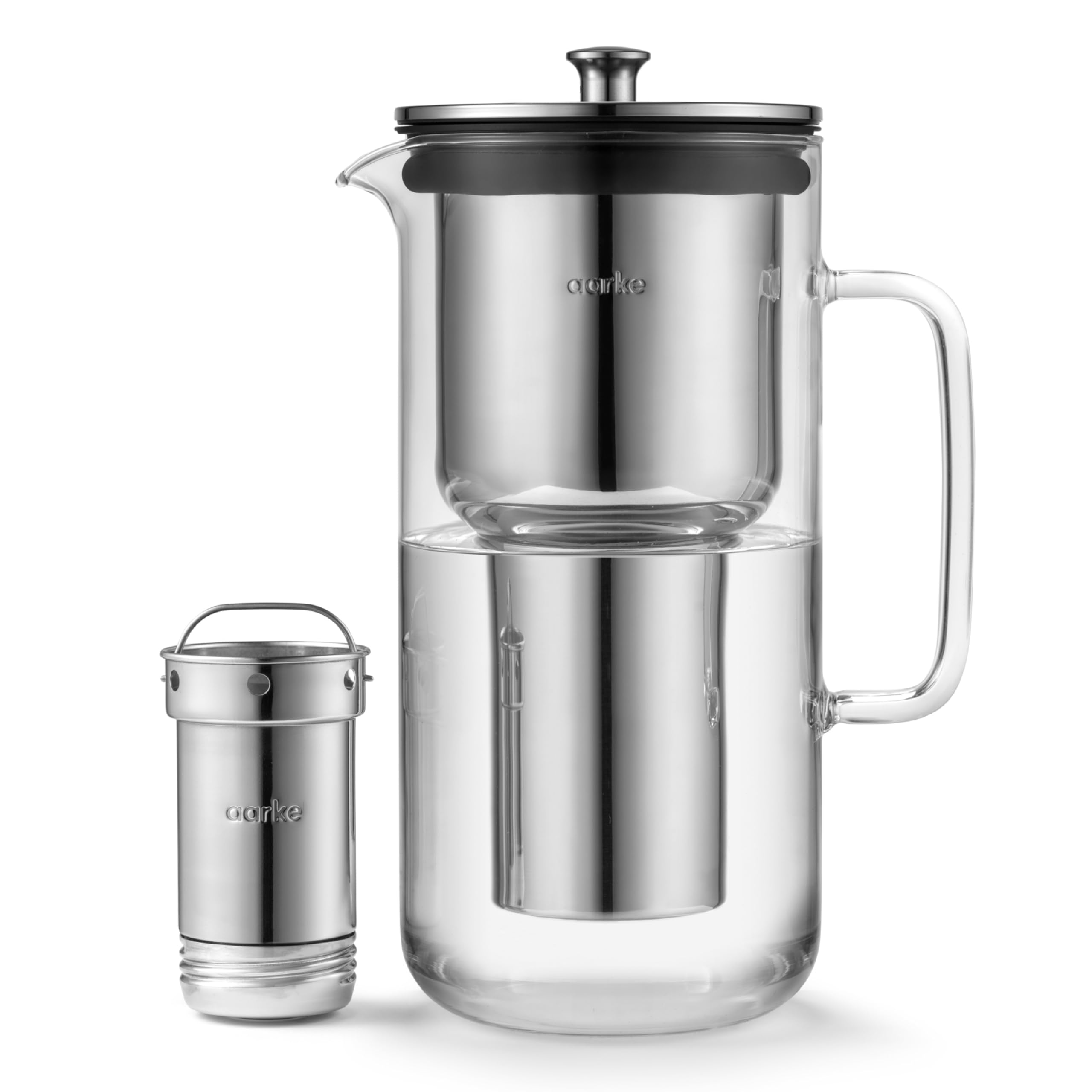 Aarke Purifier Glass Water Pitcher, Refillable Stainless Steel Filter, 8-Weeks Performance, Bpa-Free, Dishwasher Safe, Pure & En