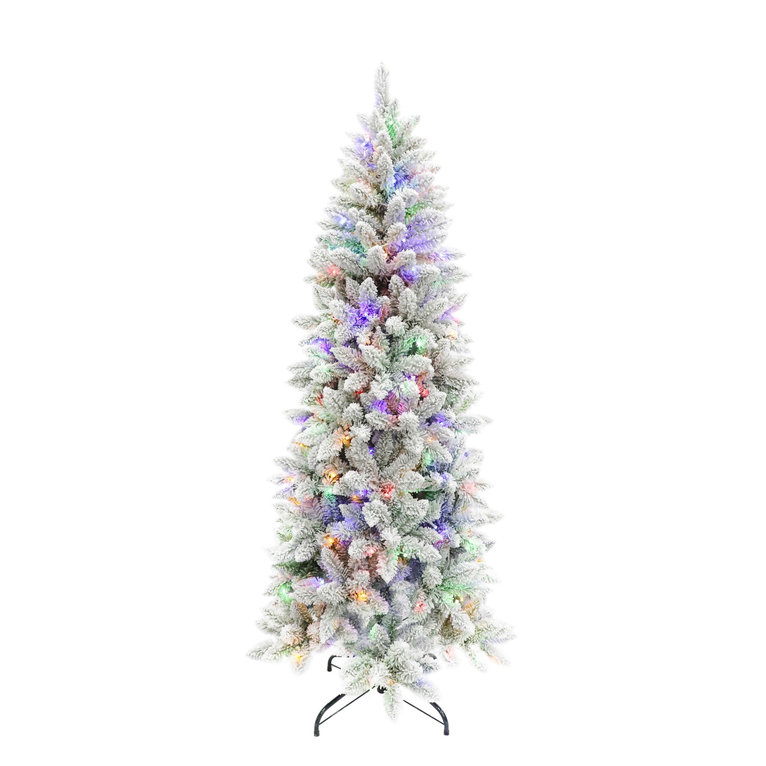 Senjie Prelit Snow Flocked Pencil Christmas Tree, Slim X-mas Tree with LED Lights,Folding Metal Stand, Perfect for Holiday Indoo
