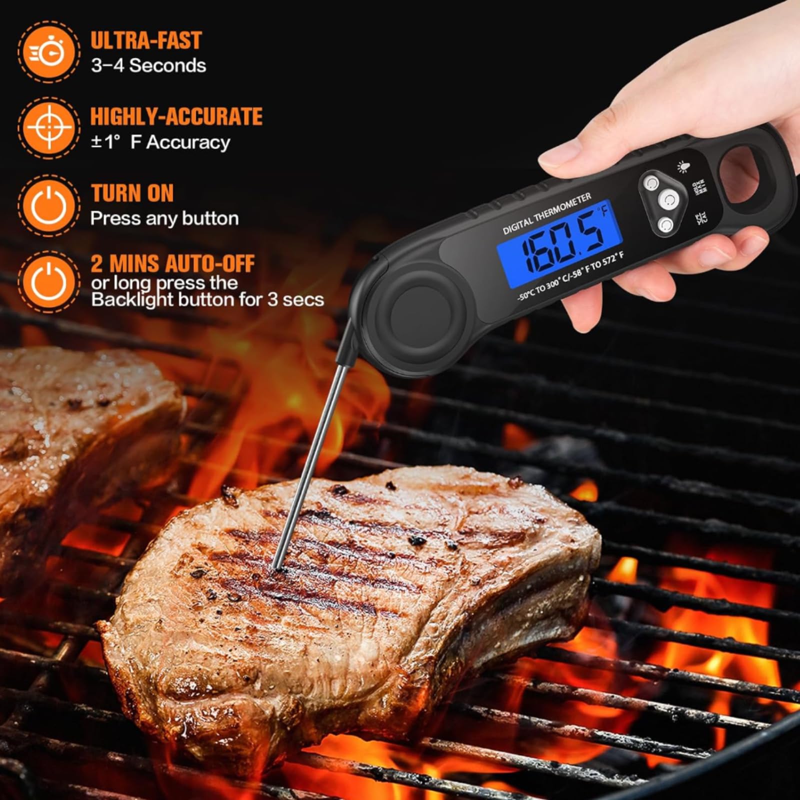 Ammzo Meat Thermometer Digital, Instant Read Food Thermometer - Waterproof W/Backlight For Cooking, Candy, Deep Fry, Bbq, Grill,