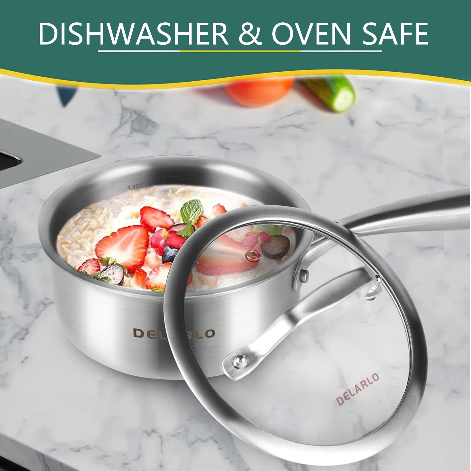 Delarlo Whole Body Tri-Ply Stainless Steel Induction Cooking Small Saucepan With Lid,Heavy Bottom Milk Pan,Dishwasher Safe & Ove