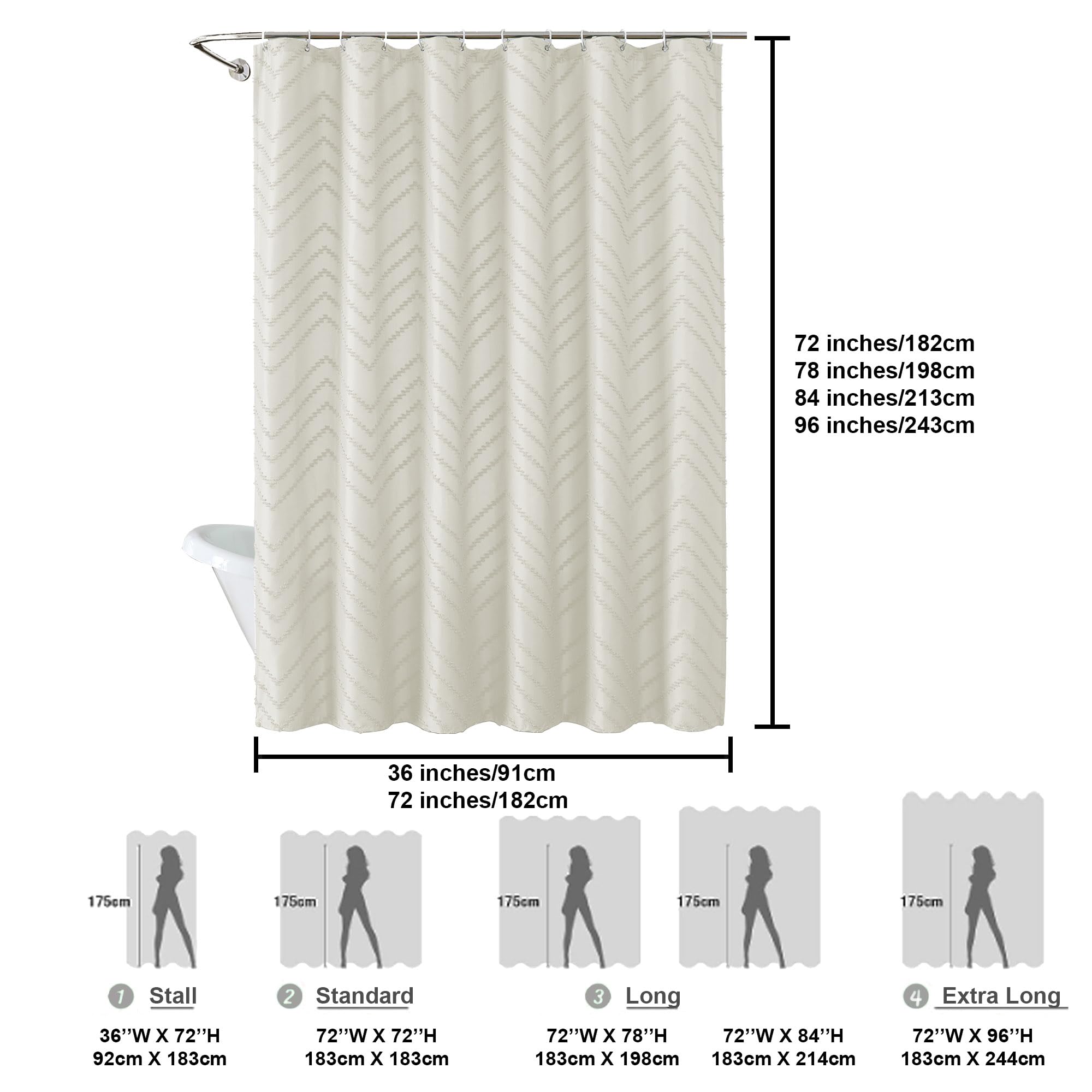 Chyhomenyc Chevron Extra Long Beige Fabric Shower Curtain 72X84 Inches, Modern Boho Shower Curtain Chic Textured Tufted Chevron