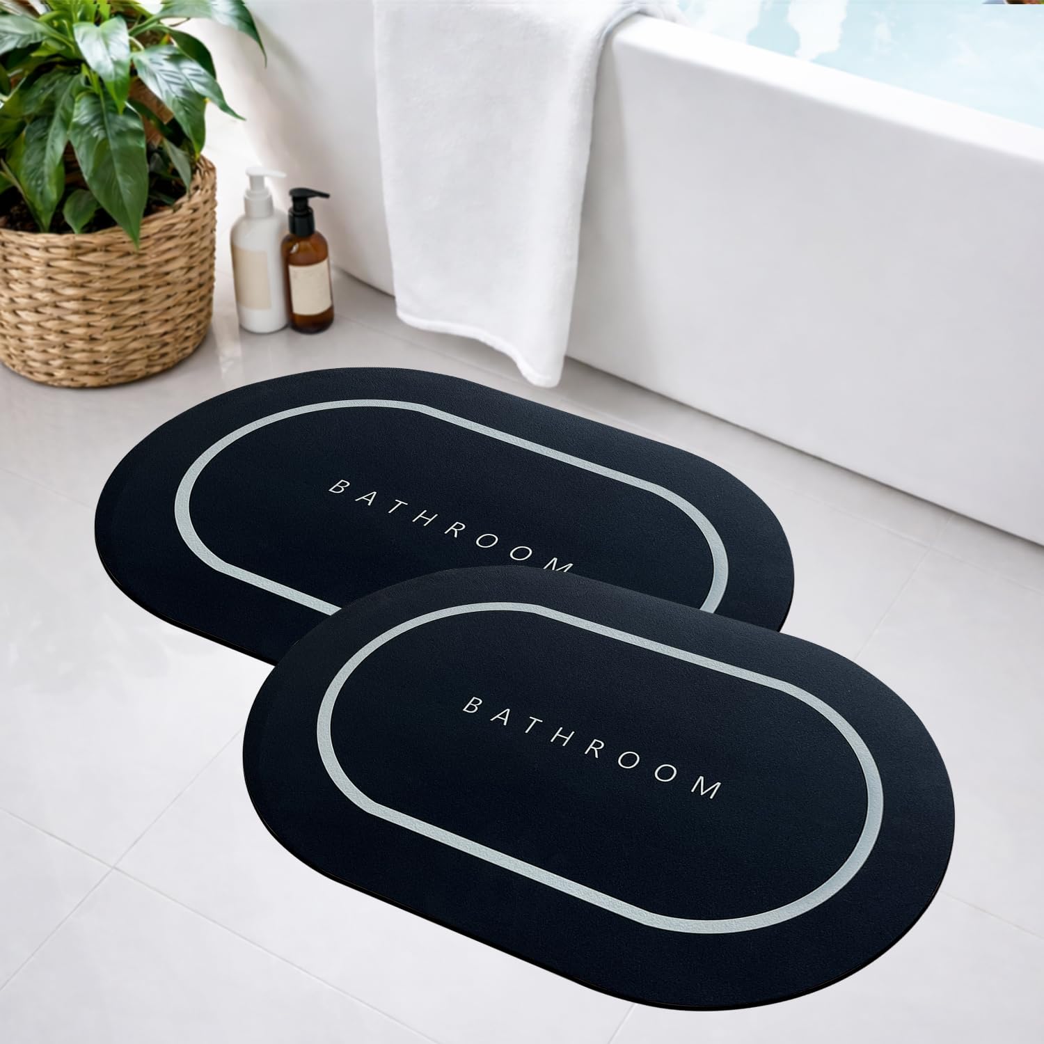 GRISHVA 2 Pieces (3.5mm) AntiSkid Water Soaking Bathroom Print Door Mat, Water Absorbent Mat (40x60cm) Black