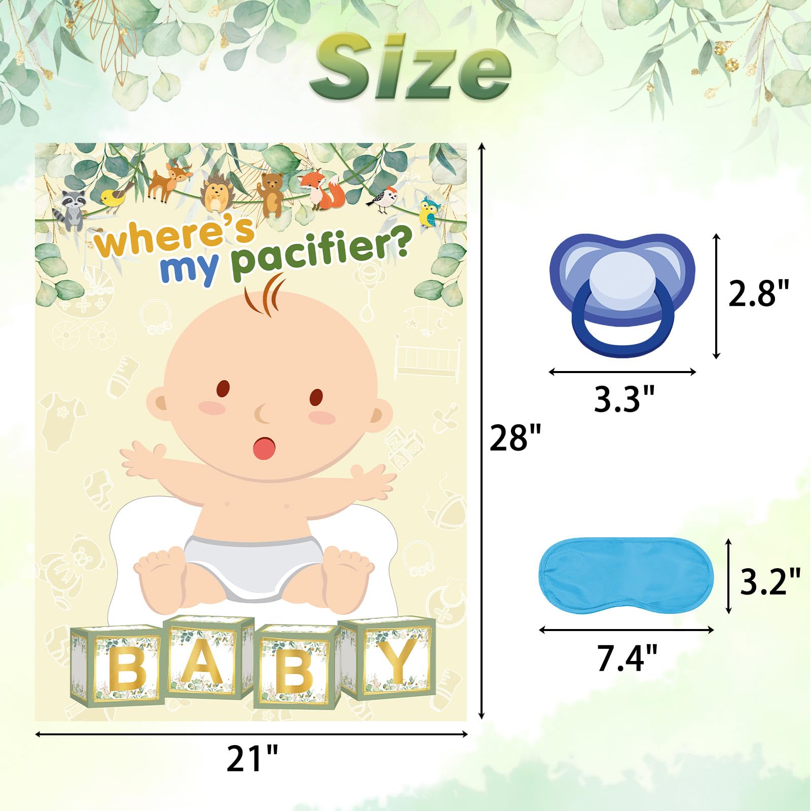 Pin The Pacifier On The Baby Game With 48 Pcs Pacifier Stickers For Kids Girls Birthday 21'' X 28'' (Baby Shower)