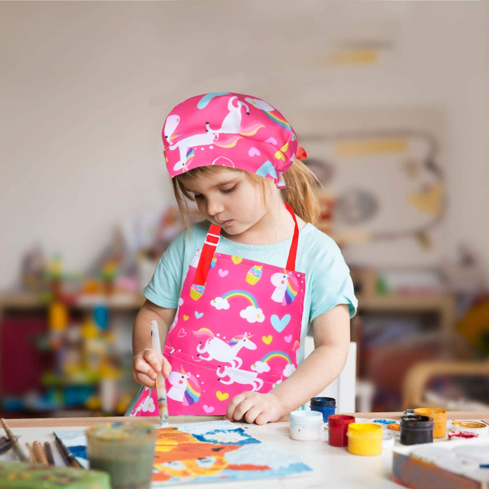 Sylfairy Aprons For Kids Girls Rainbow Unicorn Apron Children Kitchen Chef Aprons Smock (Pink+Rose Red, Medium,6-12Years)