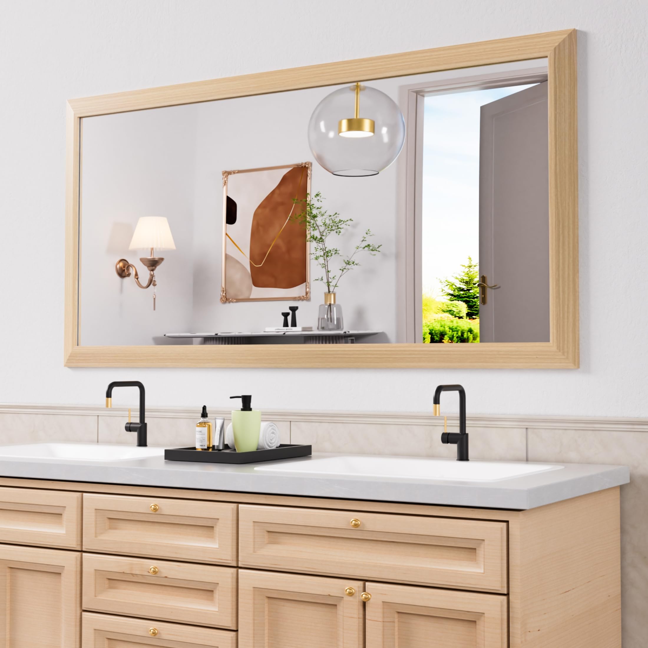Amorho 60 X30 Inch Bathroom Mirror for Wall, Oak Wood Grain Metal Framed Mirror, Anti-Rust, Hang Horizontally/Vertically, Suitab