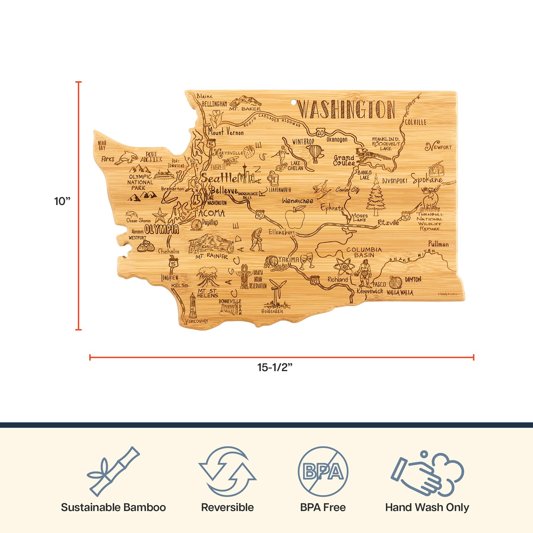 Totally Bamboo Destination Washington State Shaped Cutting Board, Charcuterie and Cheese Serving Board - Washington Gift for Hom