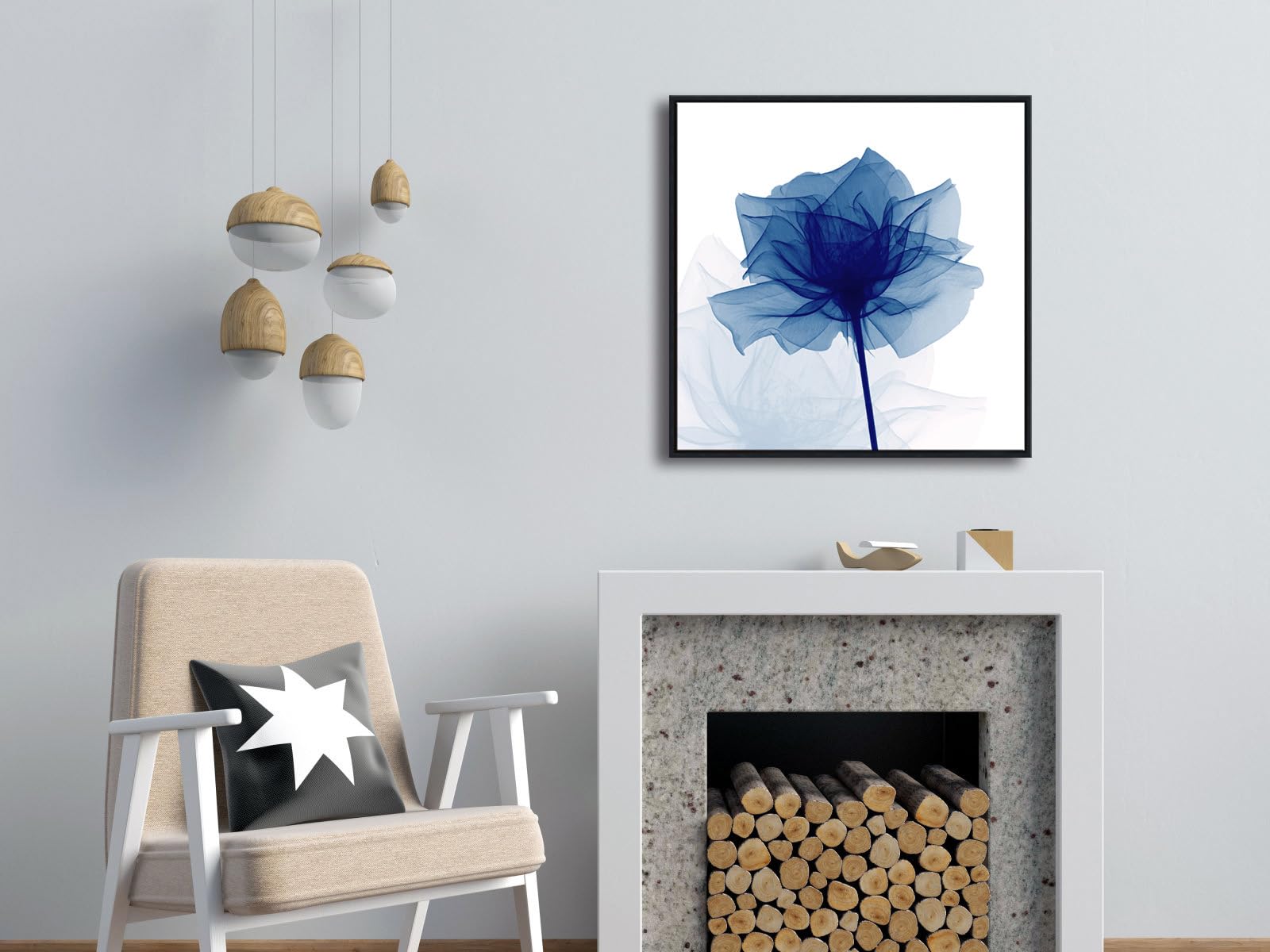 Pyradecor Large Black Framed Blue Flickering Flower Modern Abstract Paintings Canvas Wall Art Grace Floral Pictures On Canvas Pr