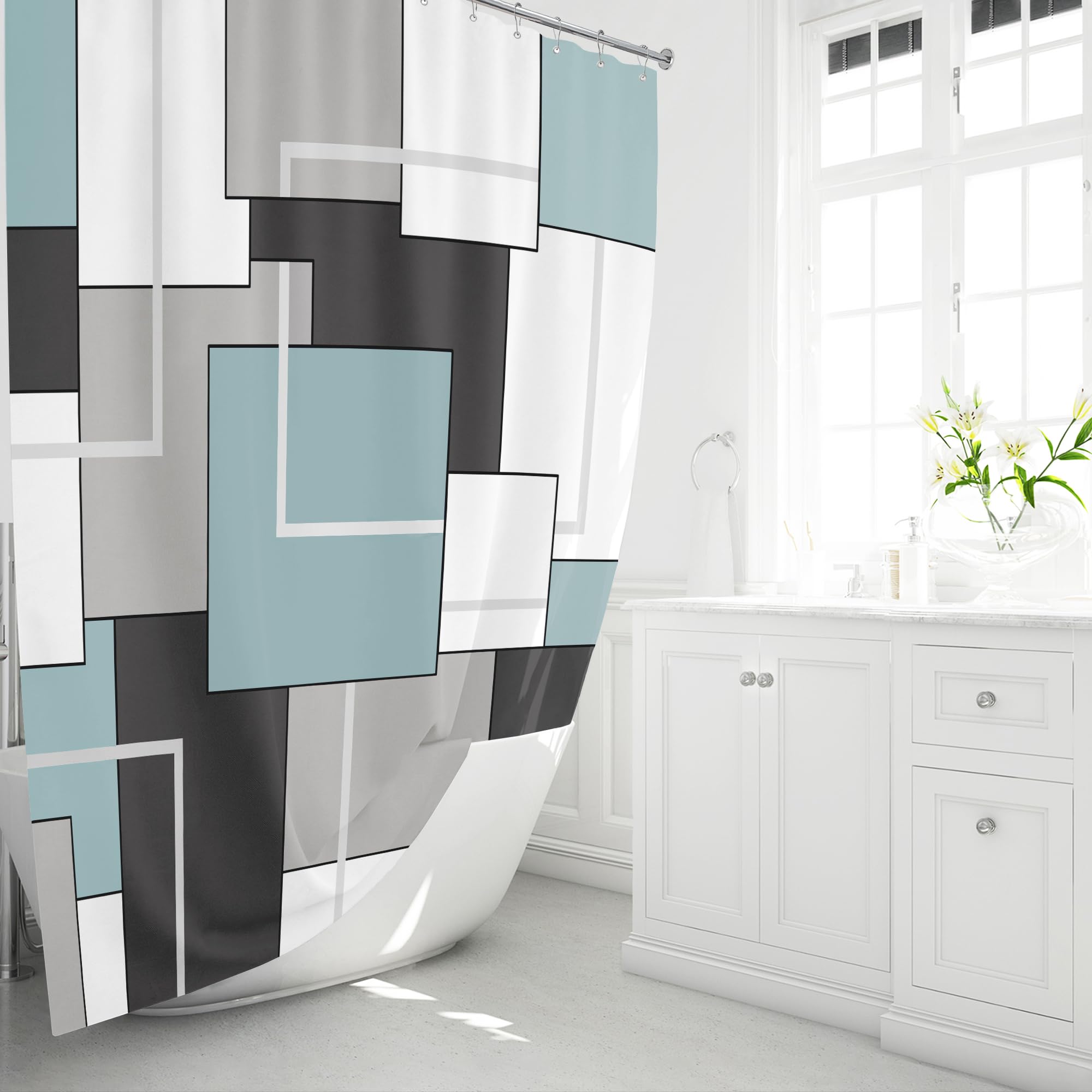 Bttn Extra Long Shower Curtain - 72X84 Inch Long Geometric Decorative Fabric Shower Curtain Set With 12 Plastic Hook, Water Repe