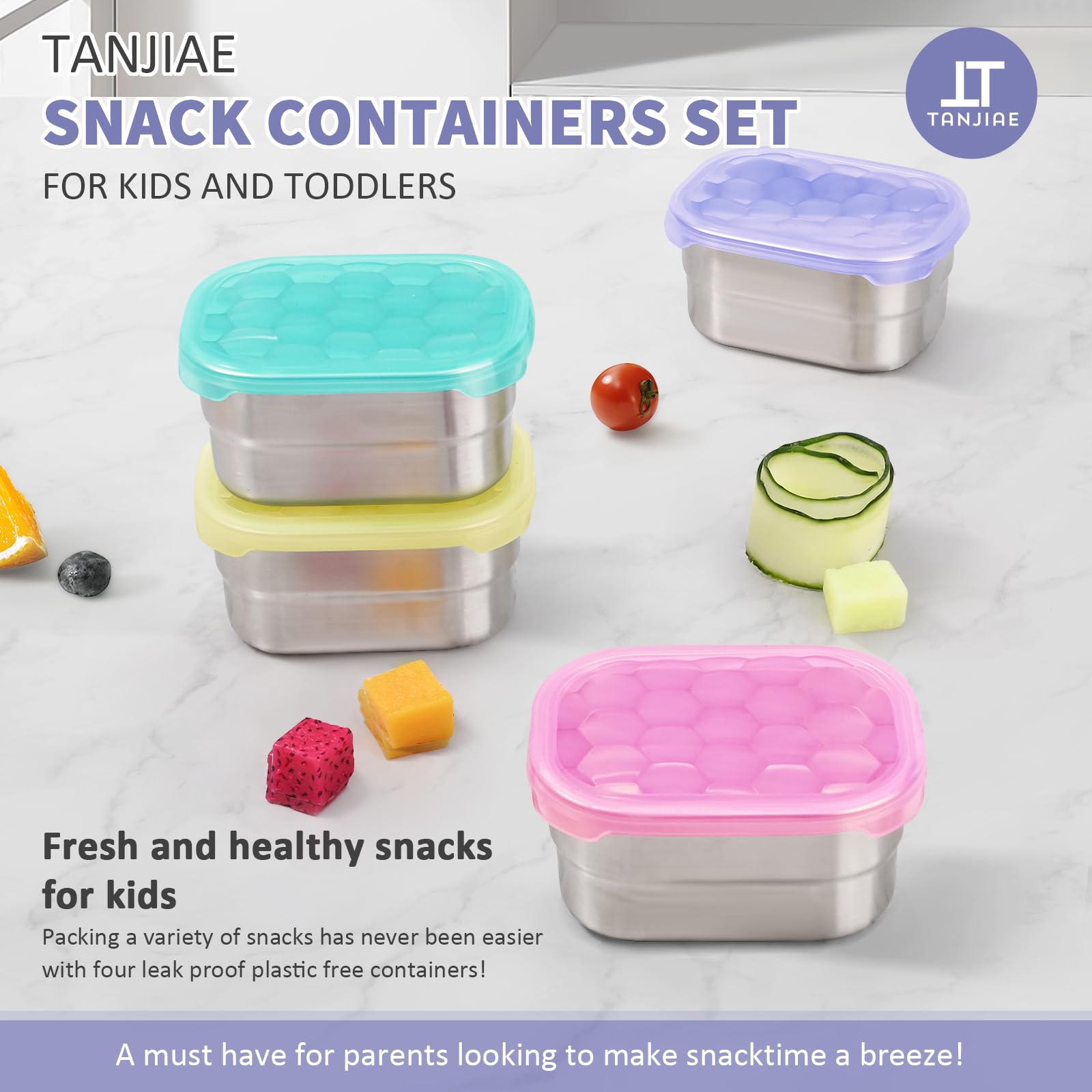Tanjiae 4-Pack Stainless Steel Snack Containers For Kids And Toddlers | Easy Open Leak Proof Small Food Containers With Silicone